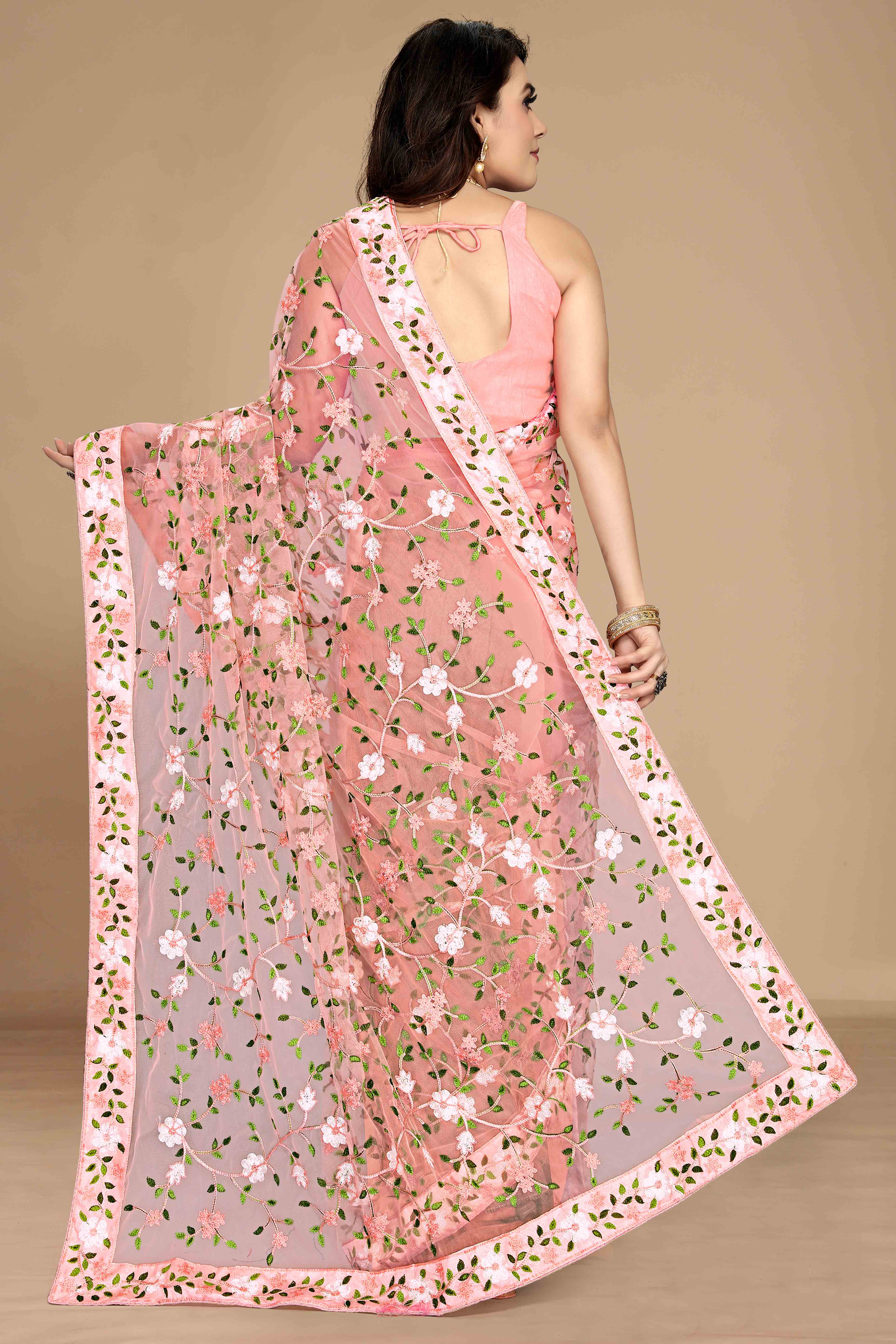 Peach Net Saree with All Over Floral Heavy Embroidery