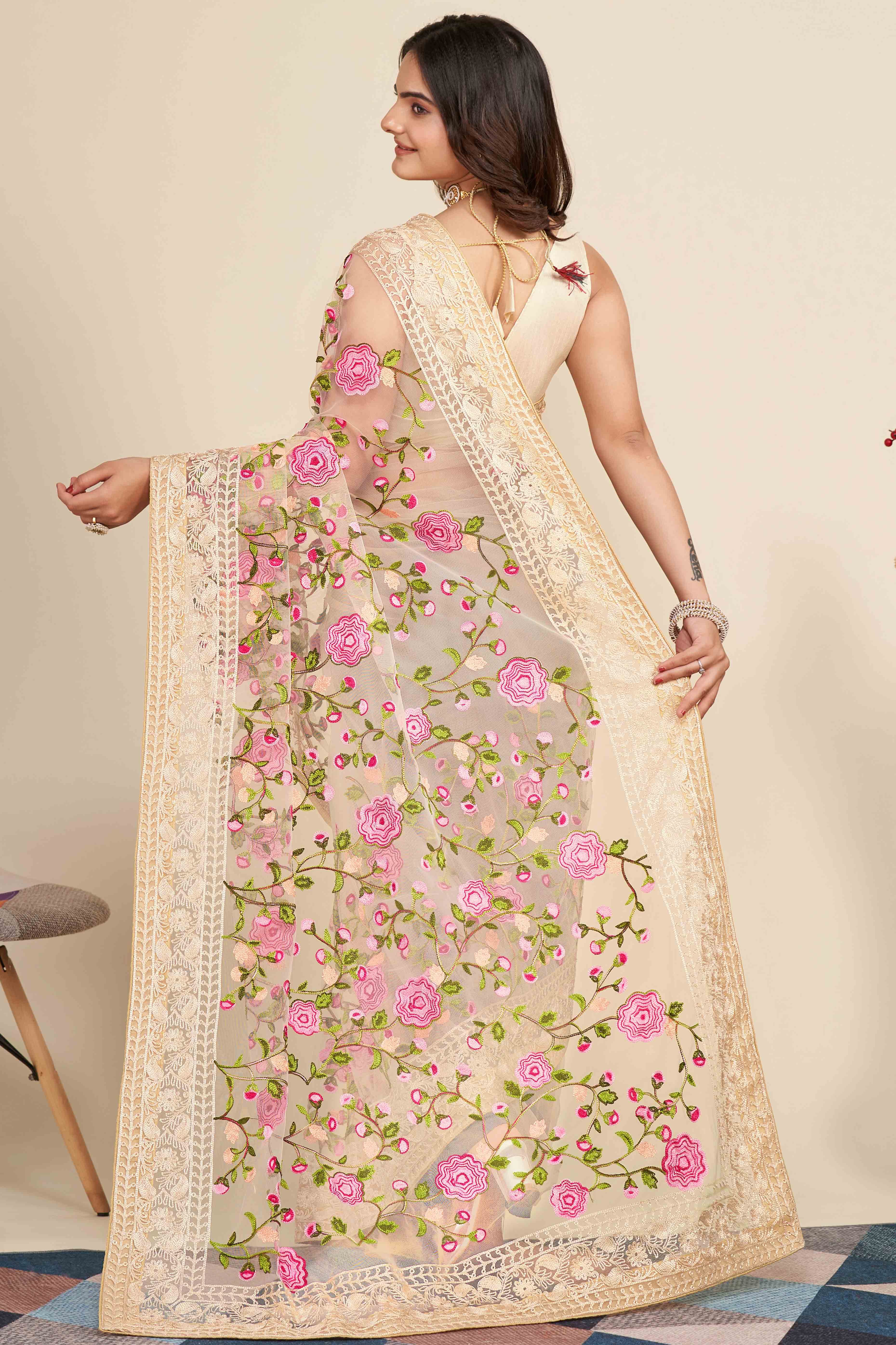 Cream Floral Embroidered Party Wear Saree in Net Fabric with Lavish Detailing