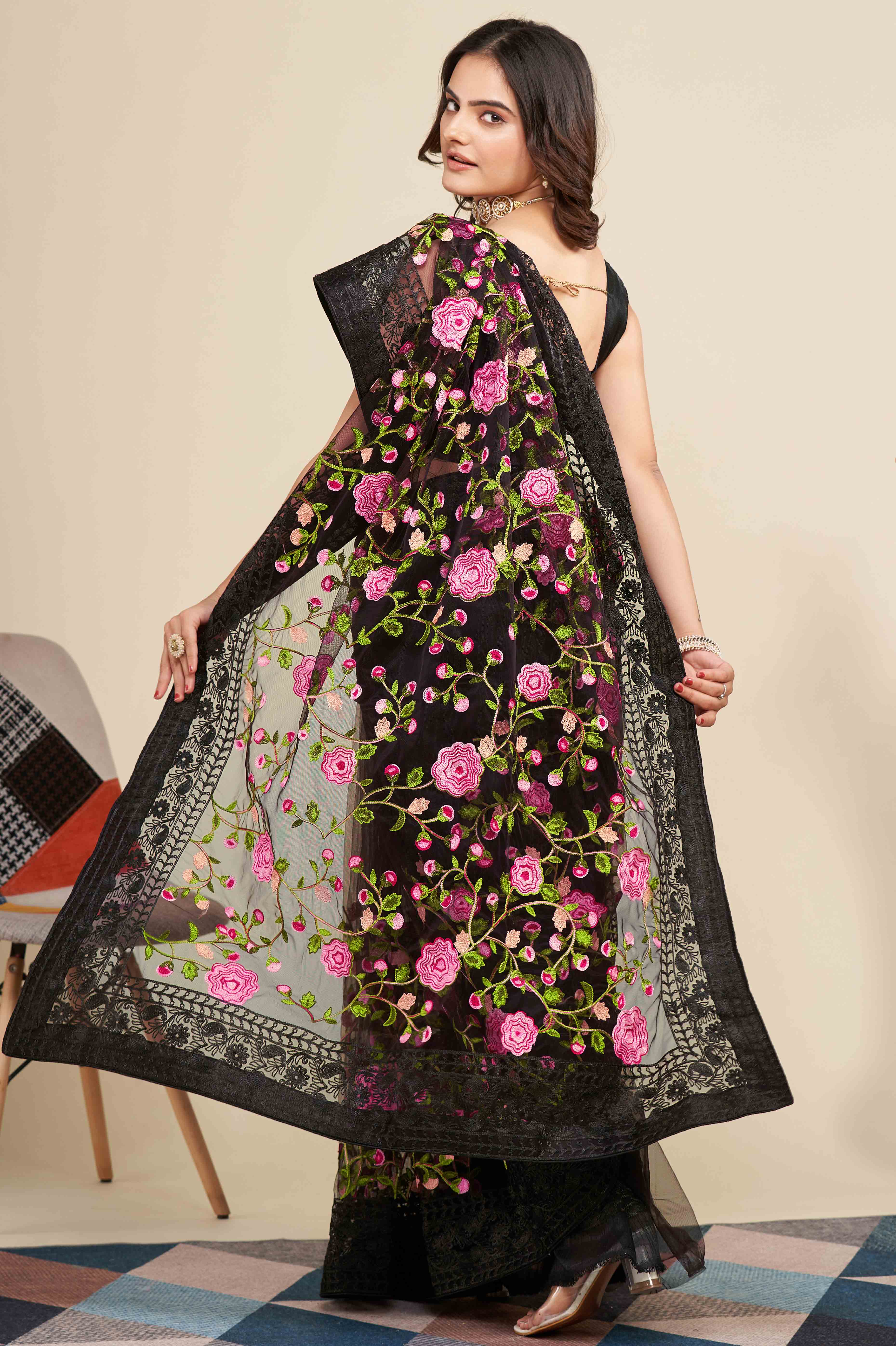 Black Floral Embroidered Party Wear Saree in Net Fabric with Lavish Detailing