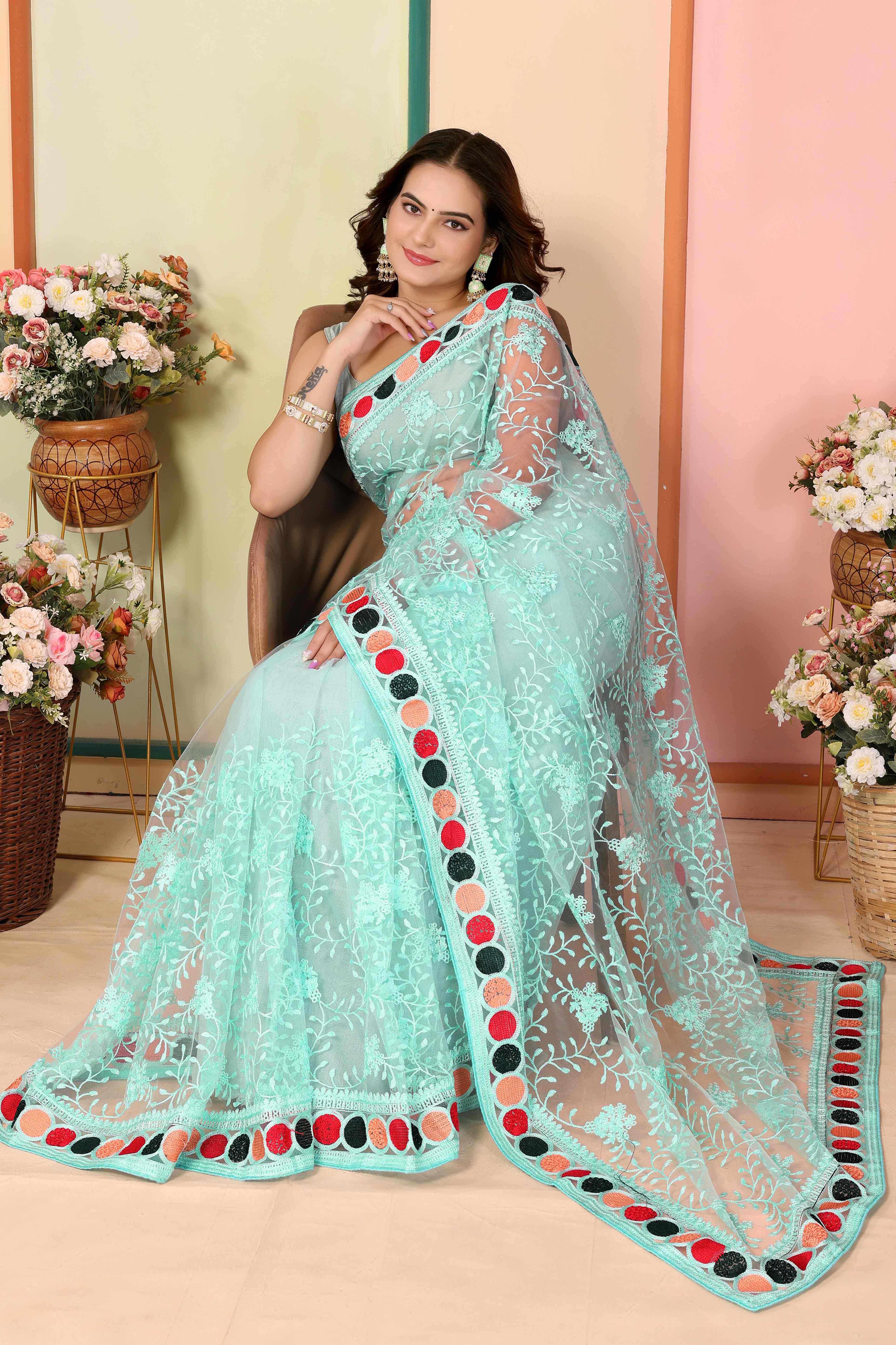 Blue Floral Embroidered Net Saree