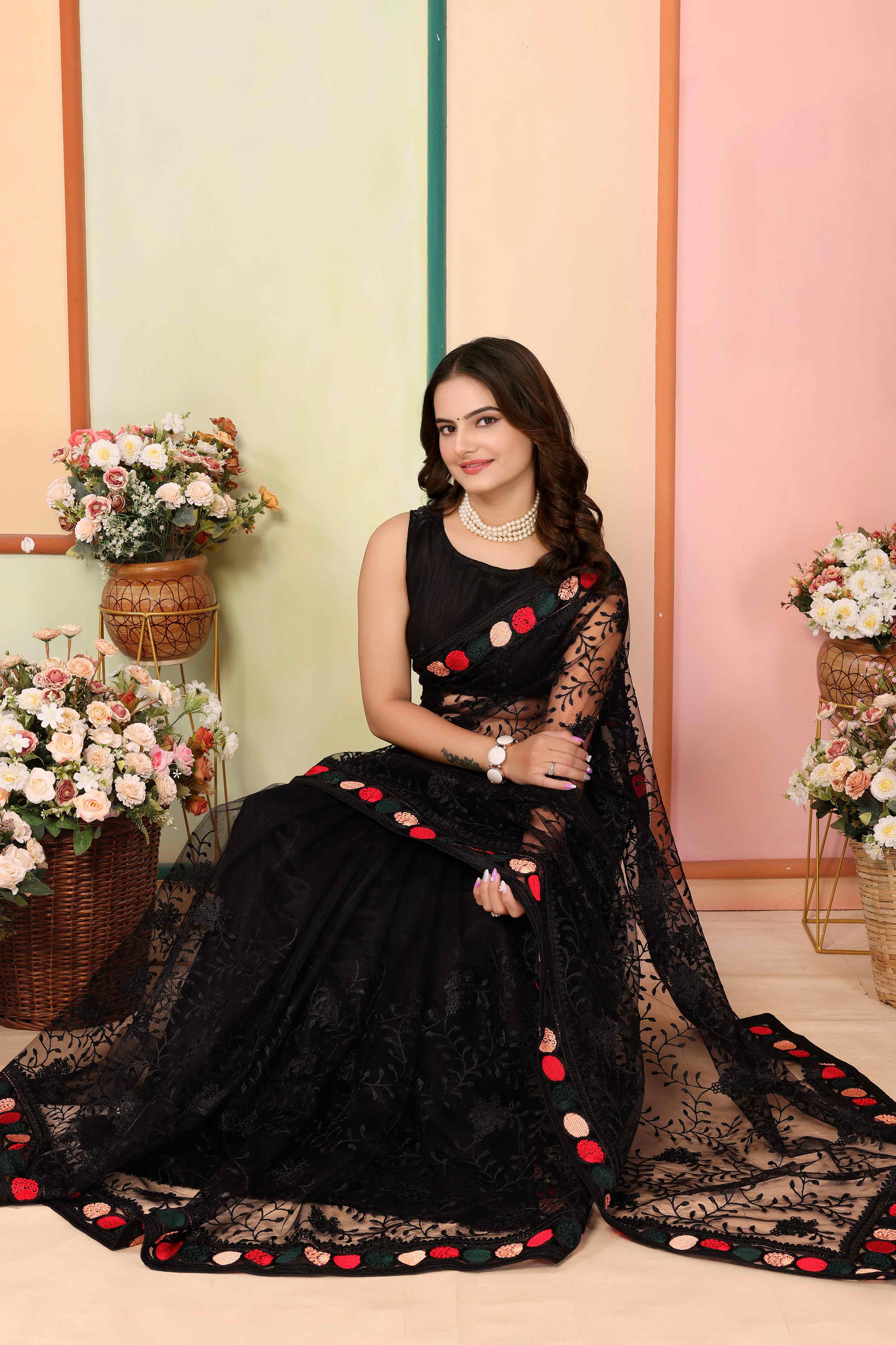 Black Floral Embroidered Net Saree