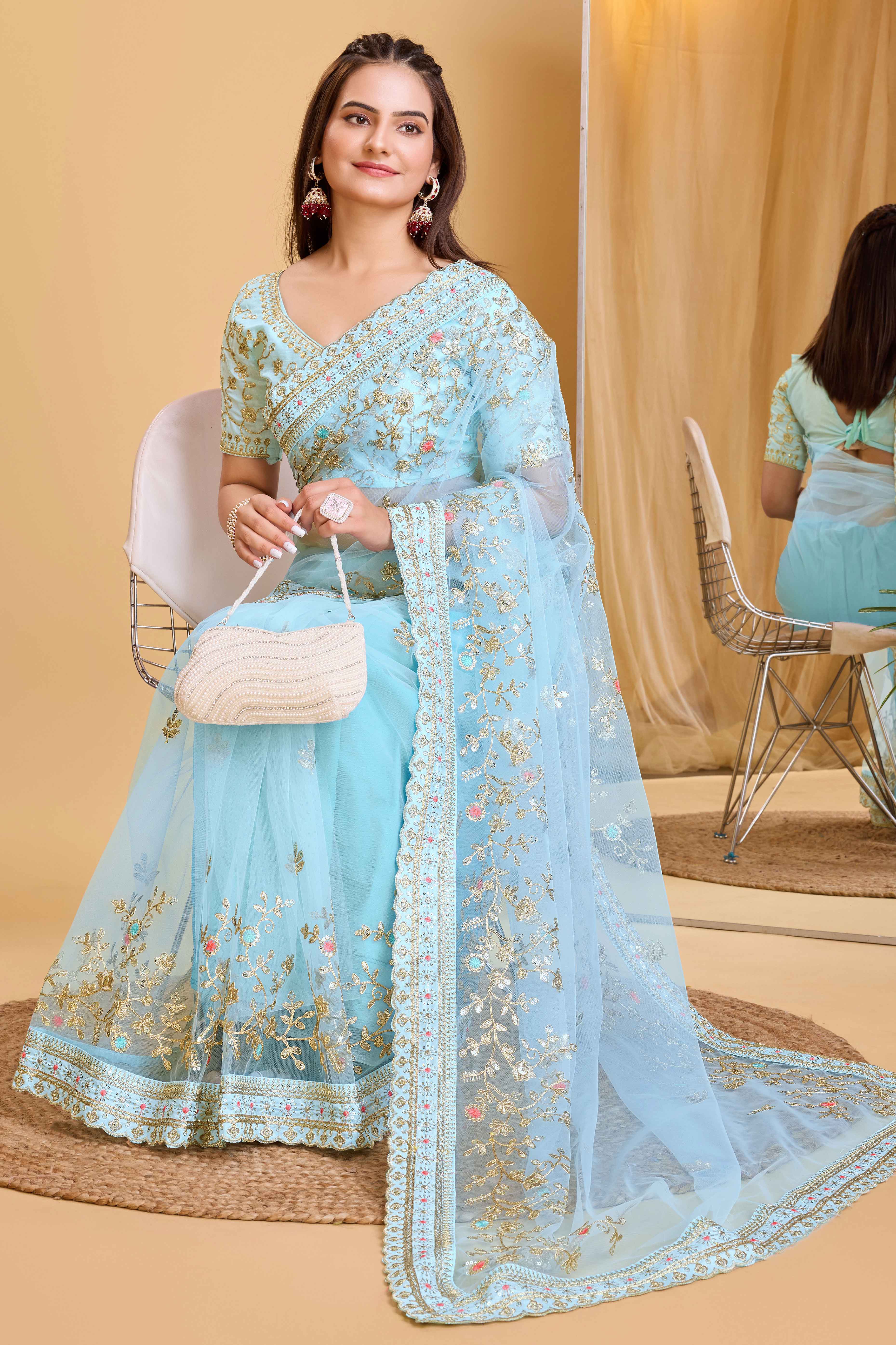 Blue Soft Net Saree With Delicate Floral Embroidery & Shimmering Sequins Work