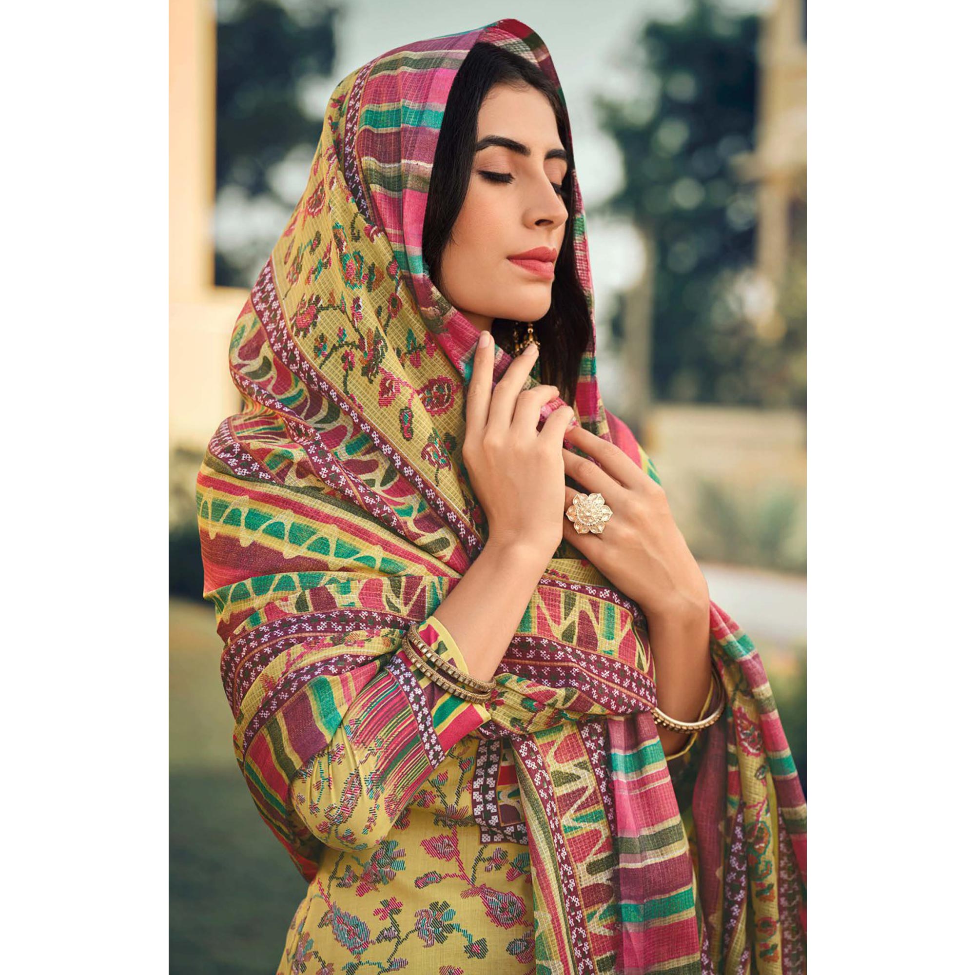 Yellow Floral Printed Pure Cotton Suit