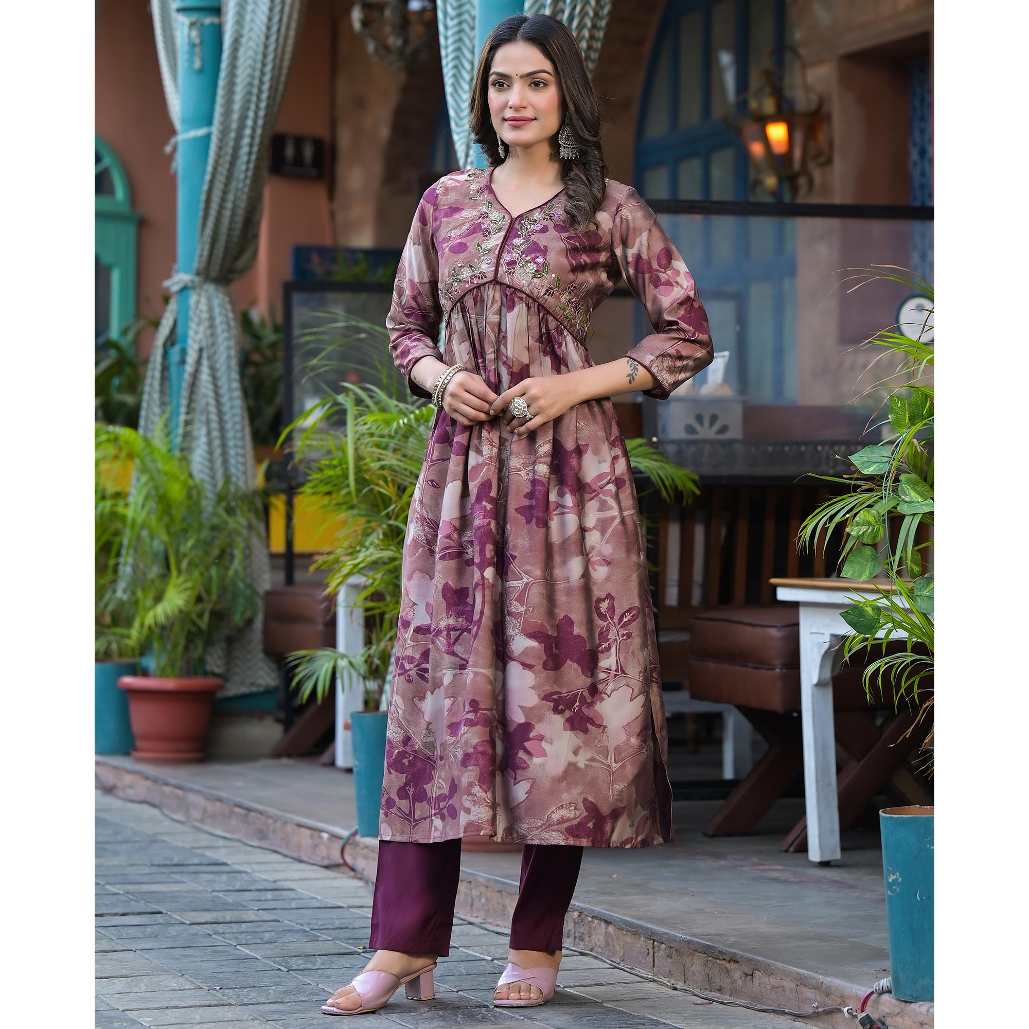 Chikoo & Wine Floral Printed Alia Cut Chanderi Silk Salwar Suit