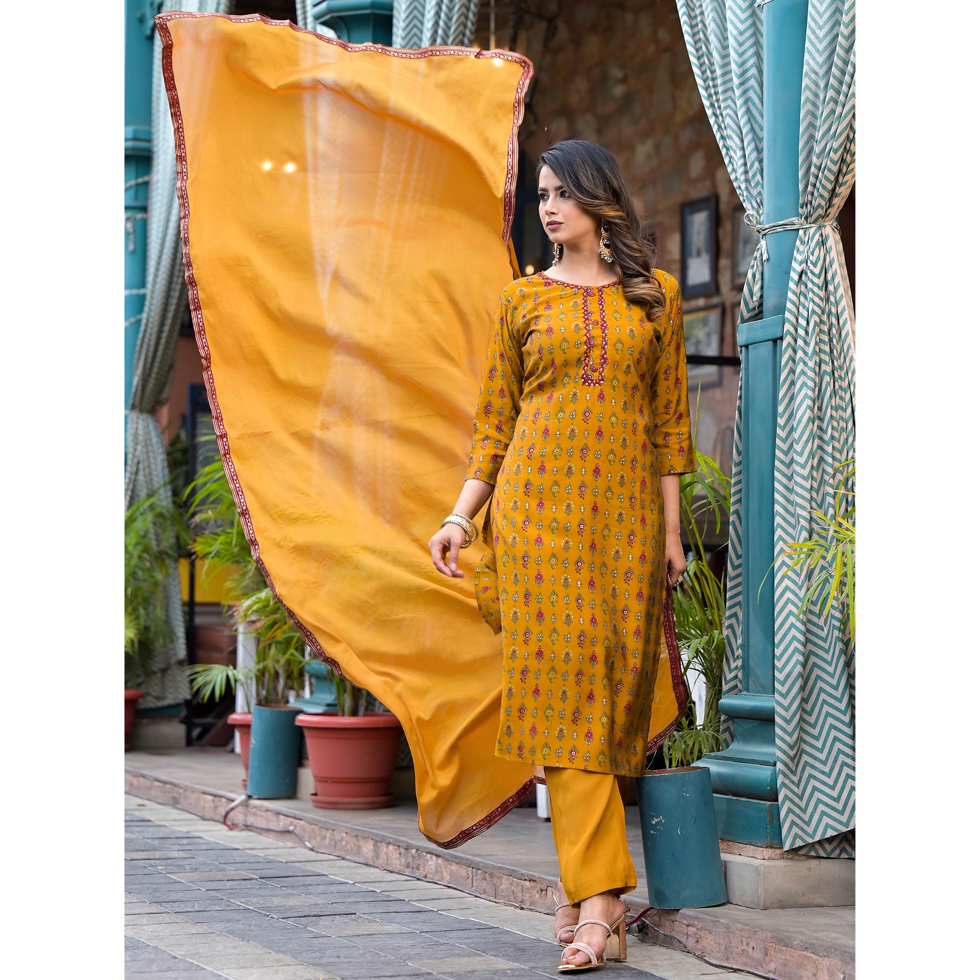 Mustard Floral Kantha Work Embroidered Chanderi Silk Salwar Suit