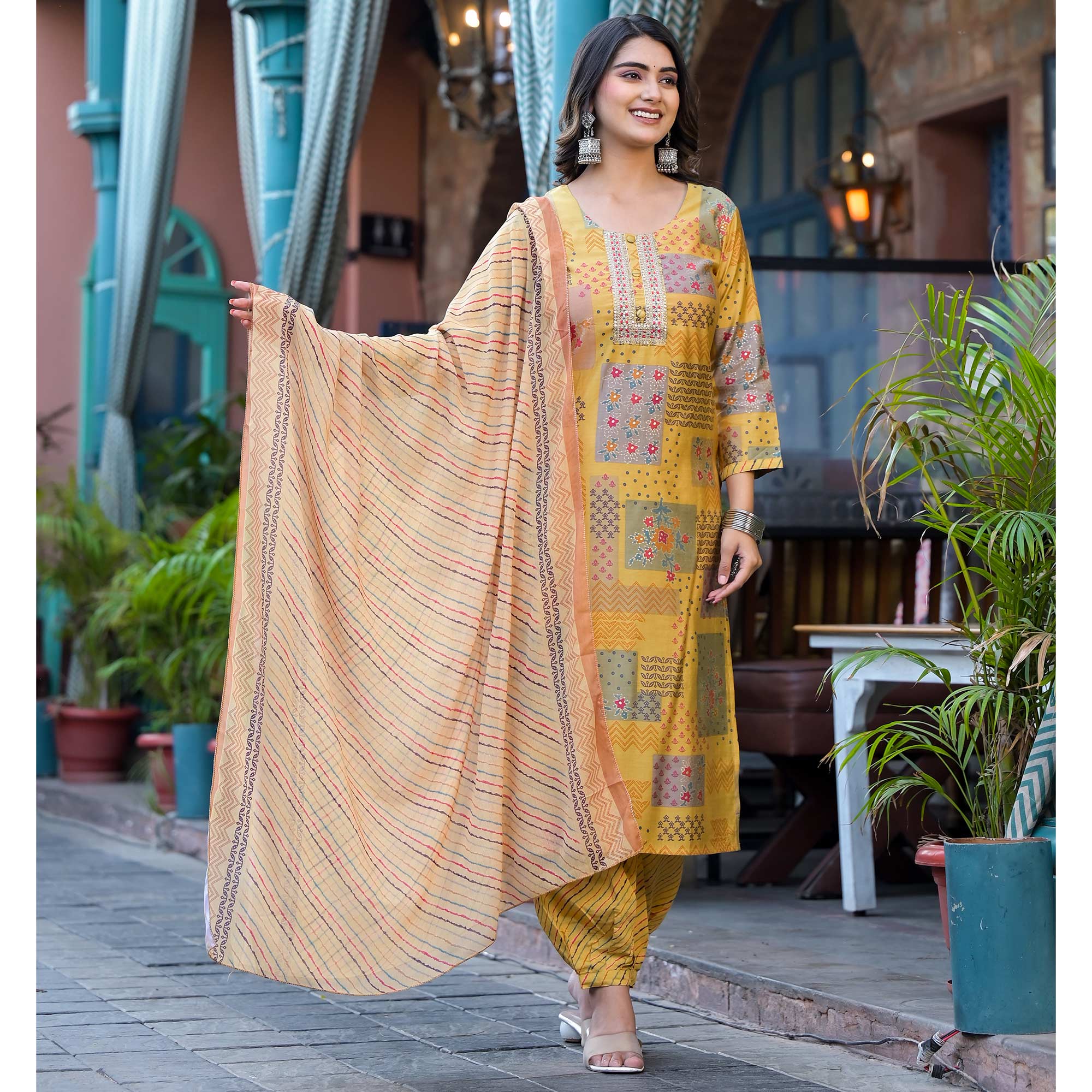 Yellow Digital Printed Chanderi Silk Salwar Suit