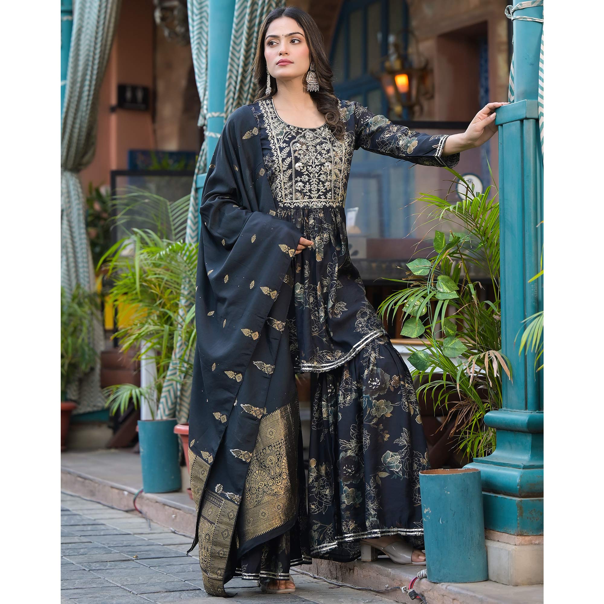 Black Floral Embroidered Chanderi Silk Sharara Suit