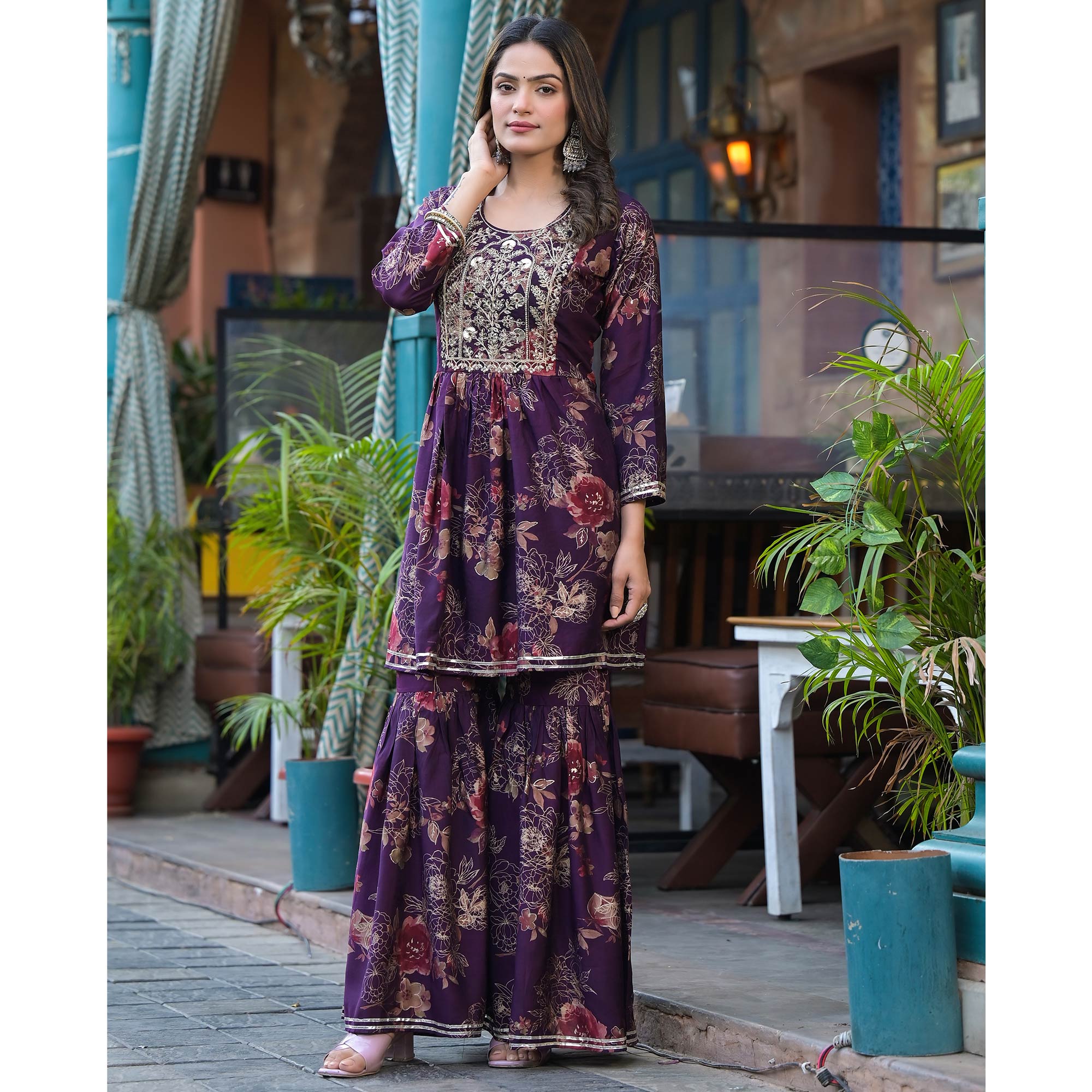 Wine Floral Embroidered Chanderi Silk Sharara Suit