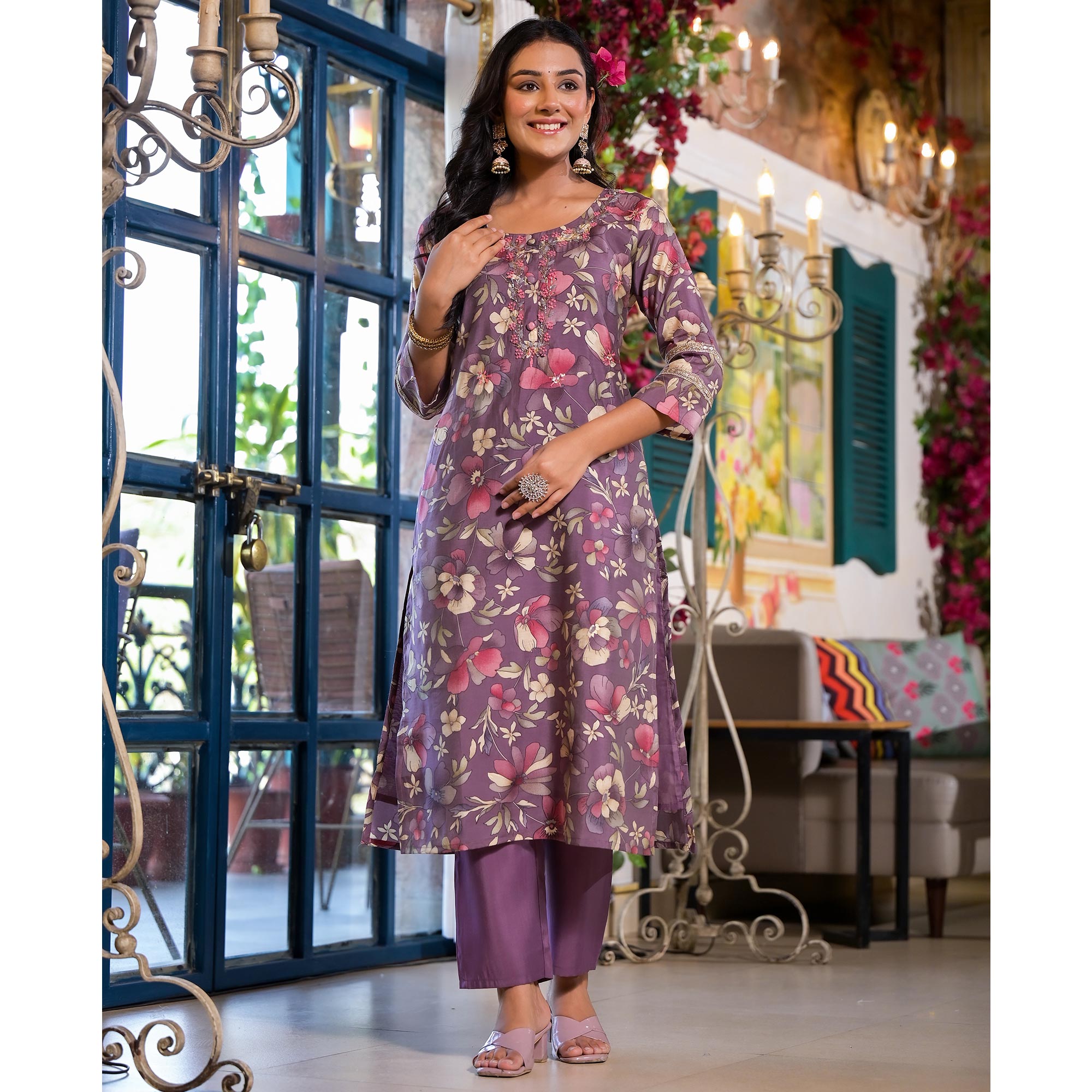Plum Purple Floral Printed Chanderi Silk Straight Salwar Suit