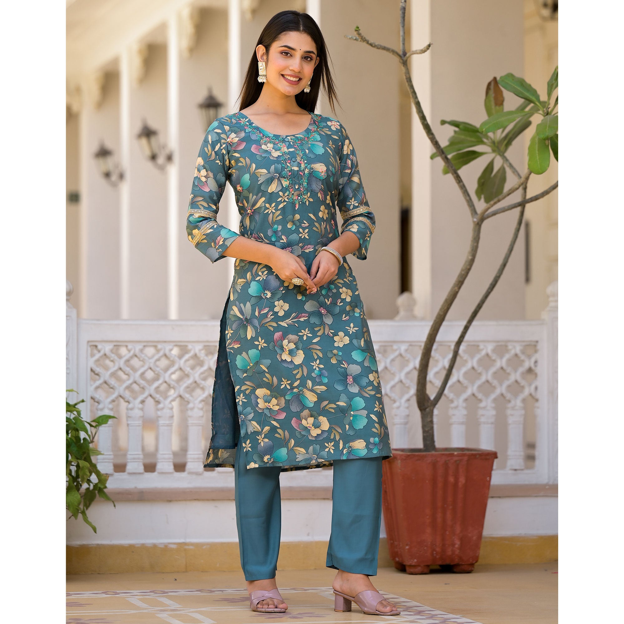Turquoise Floral Printed Chanderi Silk Straight Salwar Suit