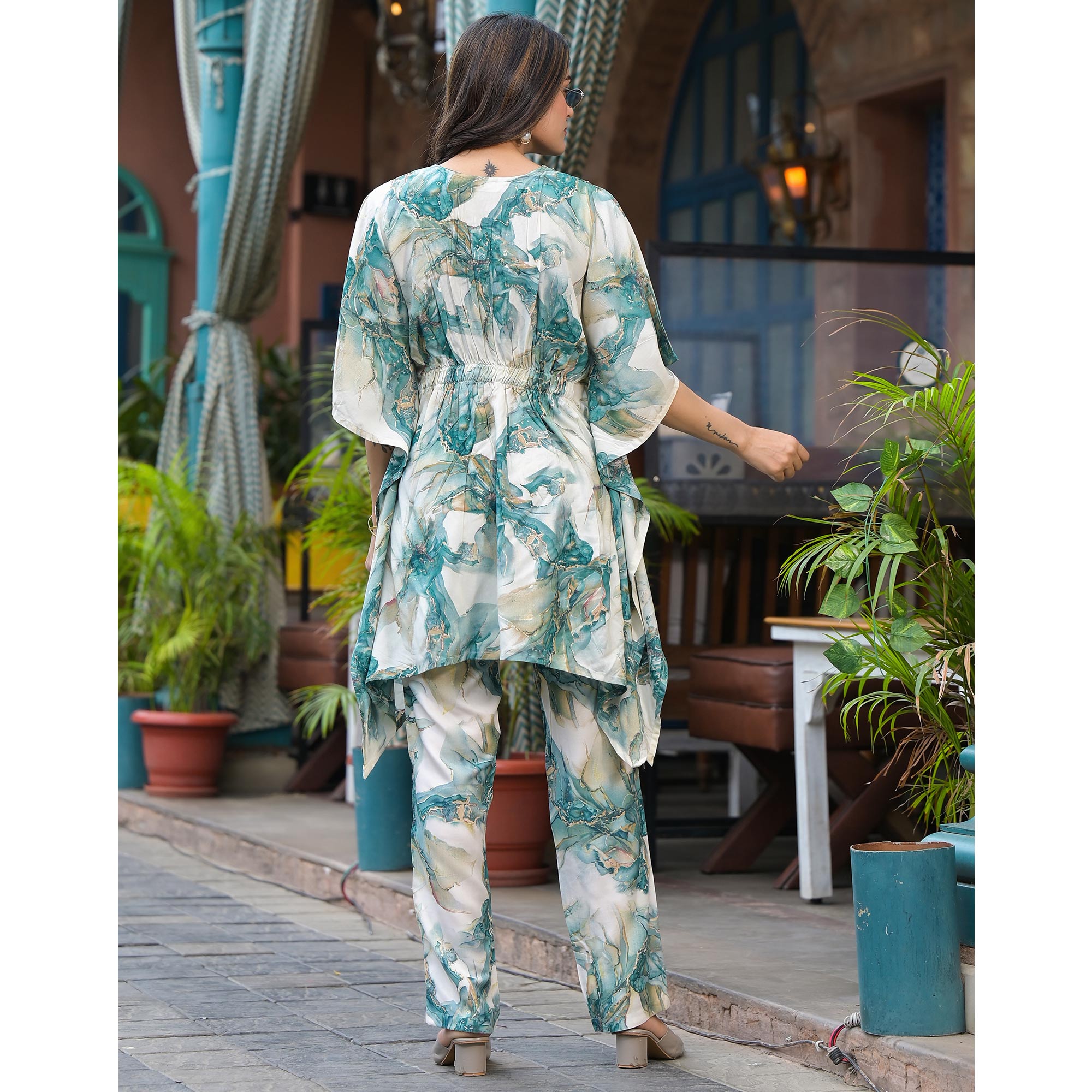 Green Foil Printed Rayon Kaftan Co-Ord Set