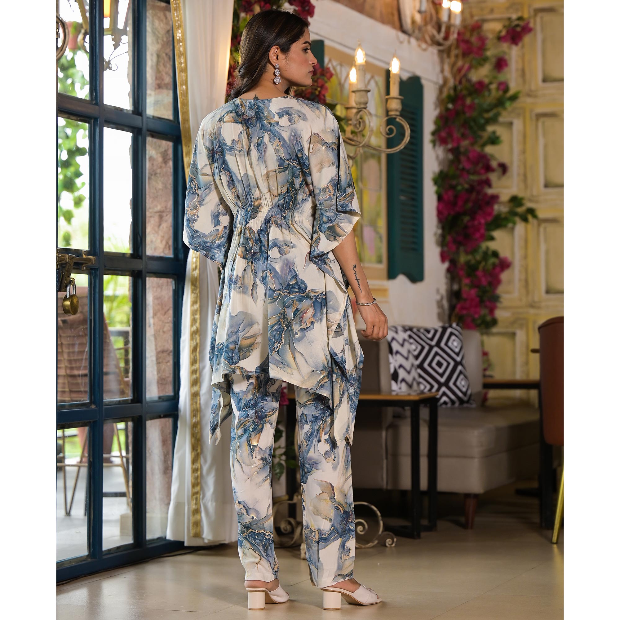 Grey Foil Printed Rayon Kaftan Co-Ord Set