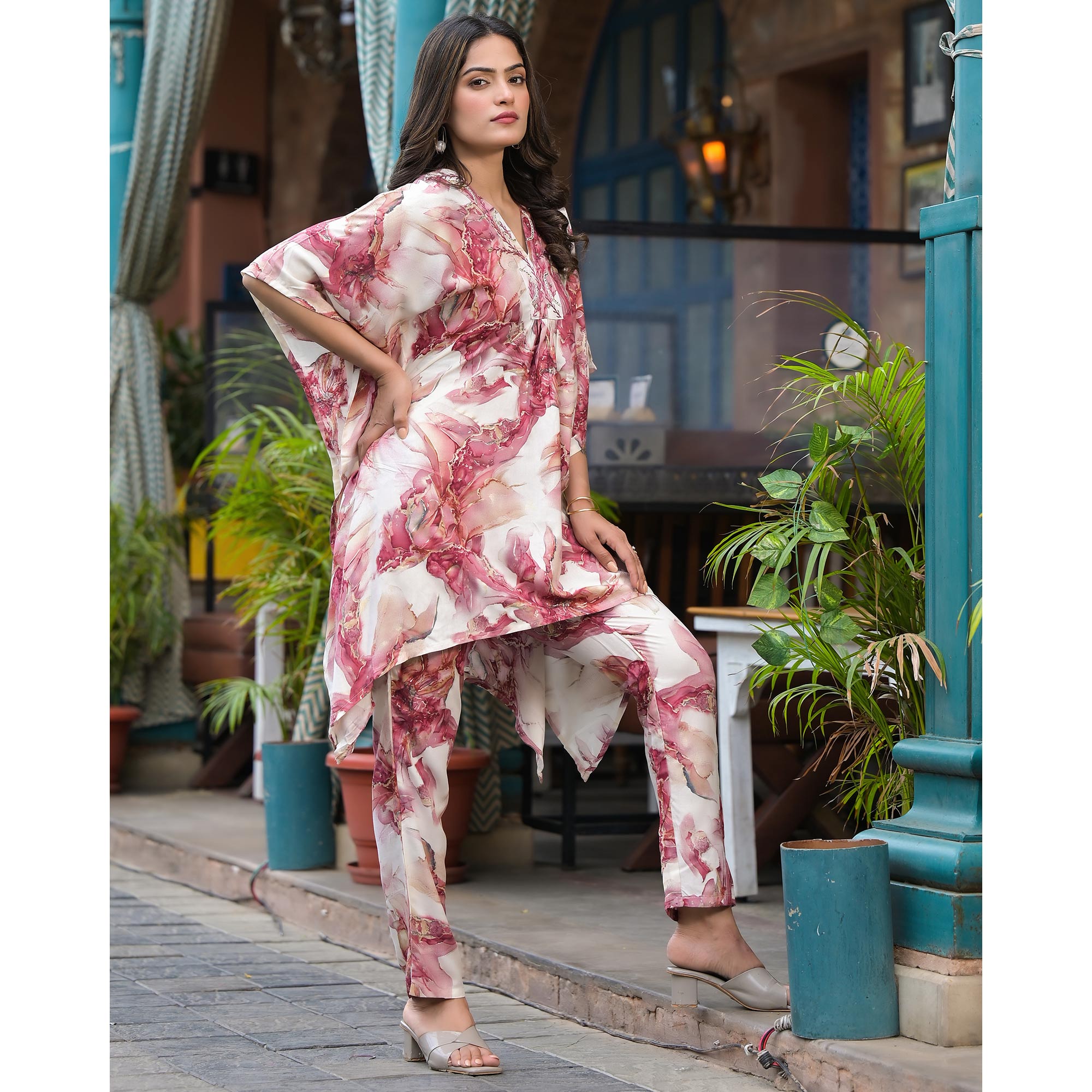 Mauve Foil Printed Rayon Kaftan Co-Ord Set