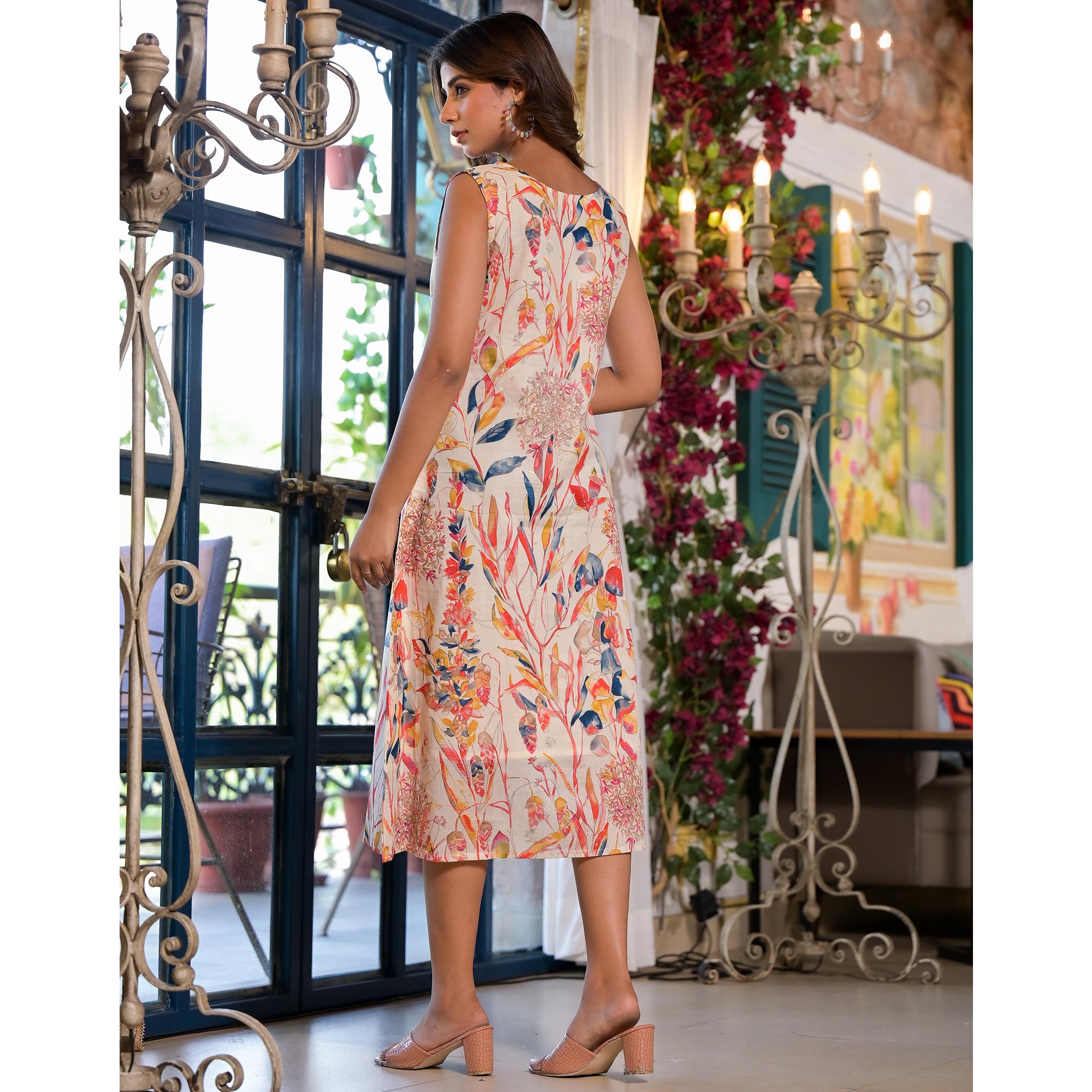 Off White & Red Floral Printed Mulmul Cotton A-Line Sleeveless Dress