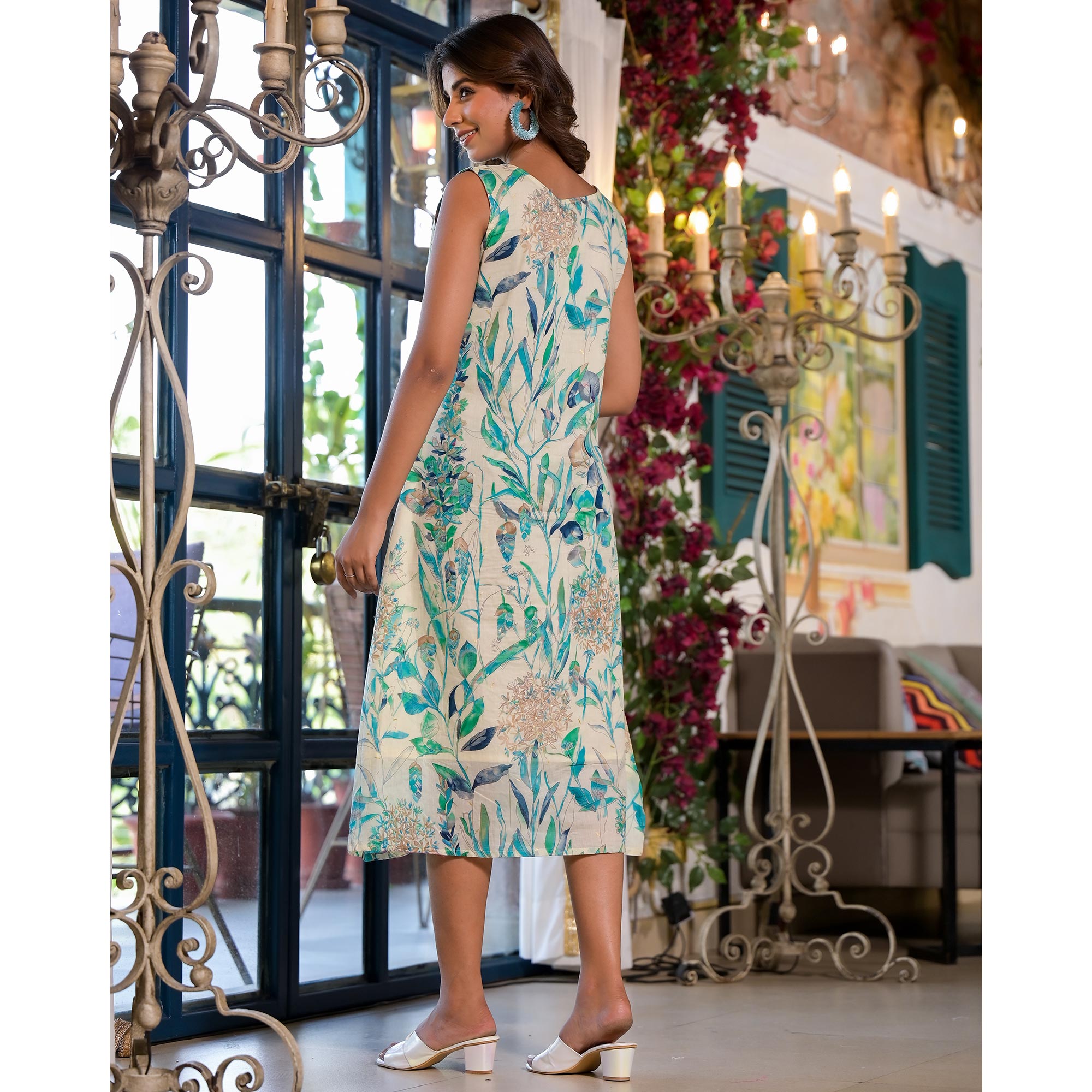 Off White & Turquoise Floral Printed Mulmul Cotton A-Line Sleeveless Dress