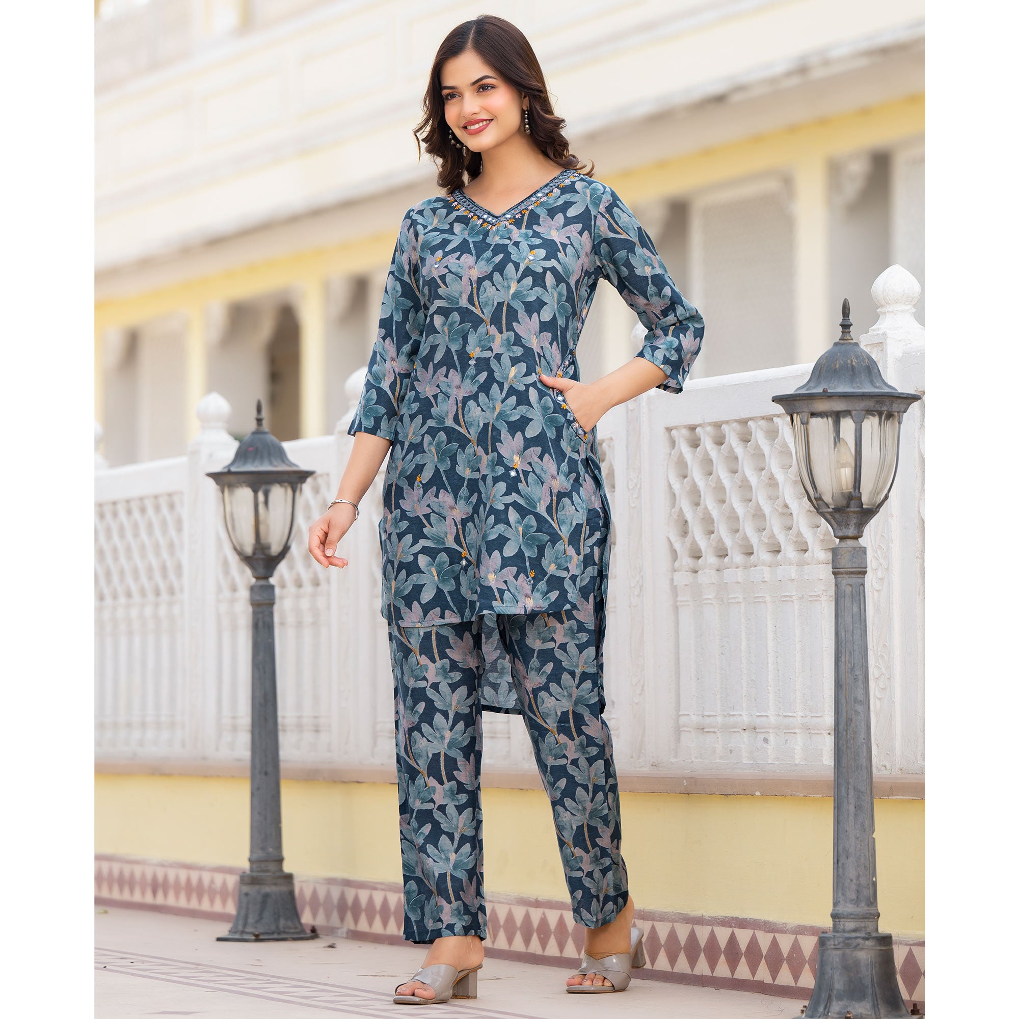 Teal Blue Floral Printed Chanderi Silk Co-Ord Set