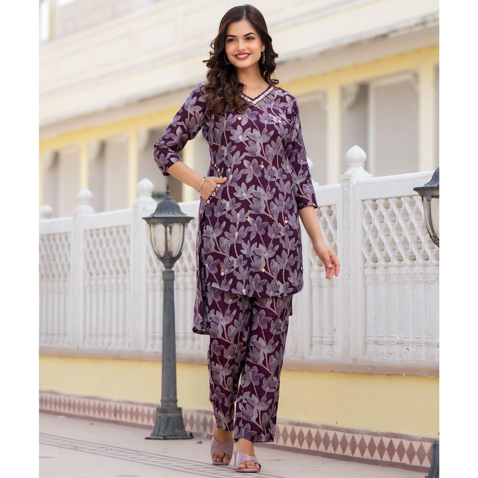 Wine Floral Printed Chanderi Silk Co-Ord Set