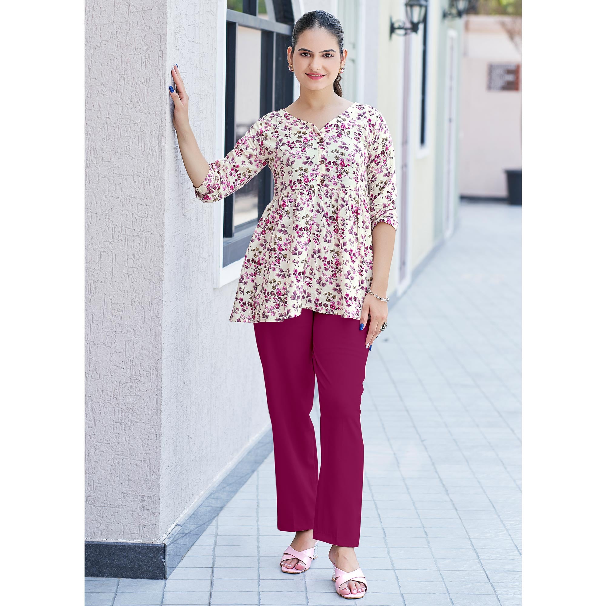 Pink Floral Printed Rayon A-Line Top