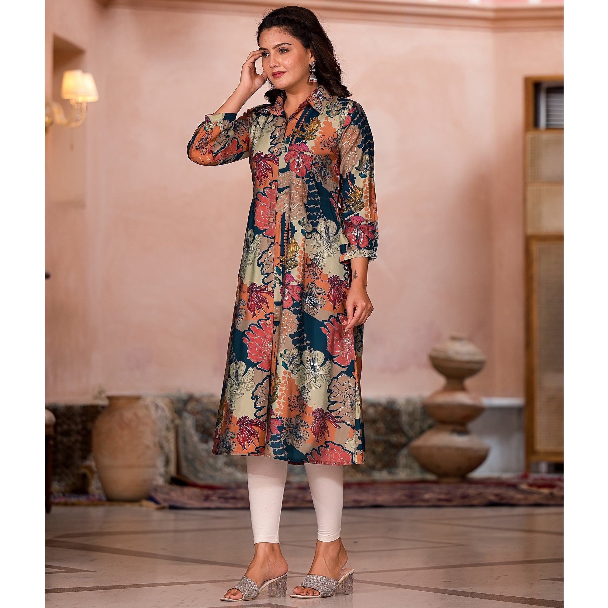 Green Floral Printed Chanderi Silk A-Line Dress