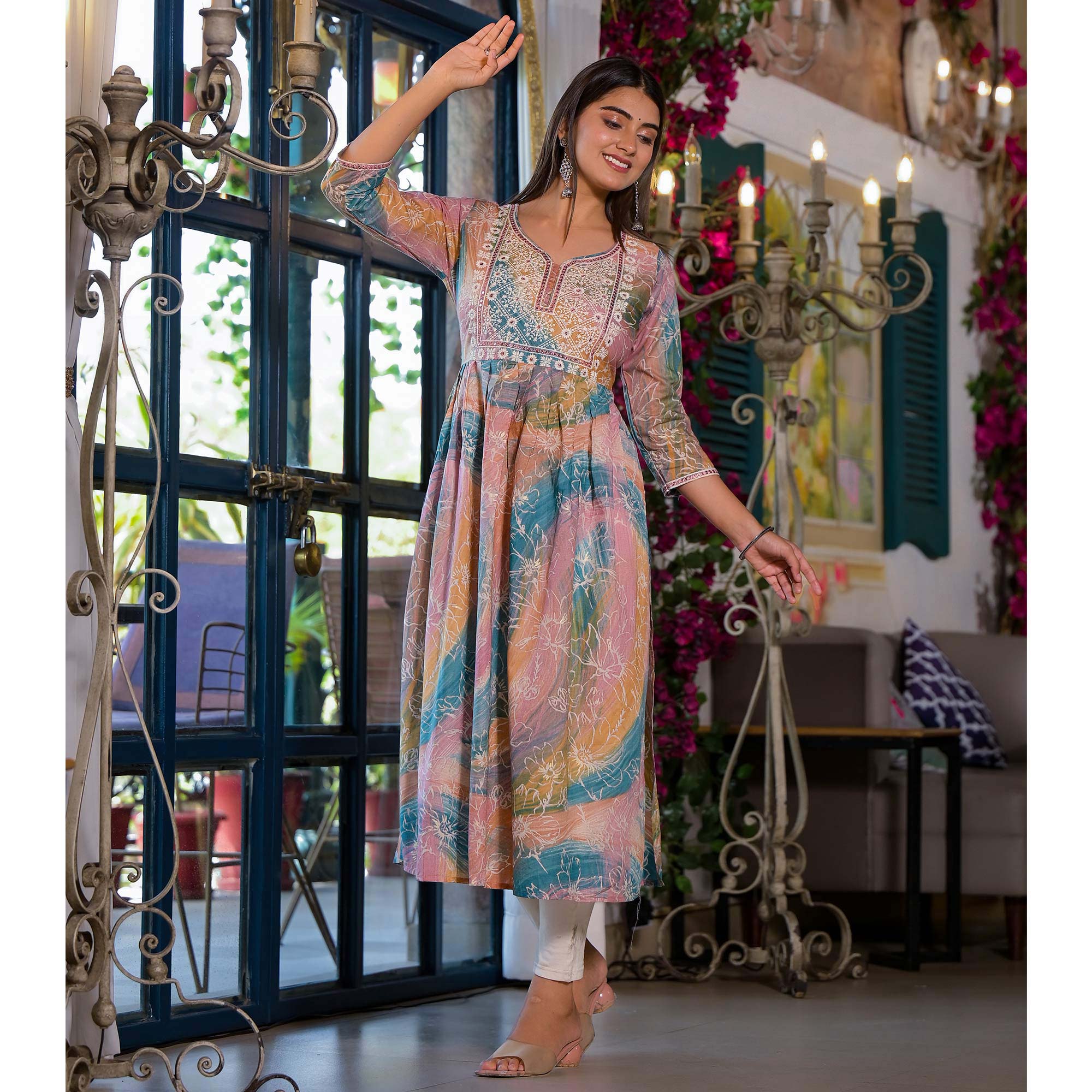 Peach Printed Cambric Cotton Naira Cut Kurti