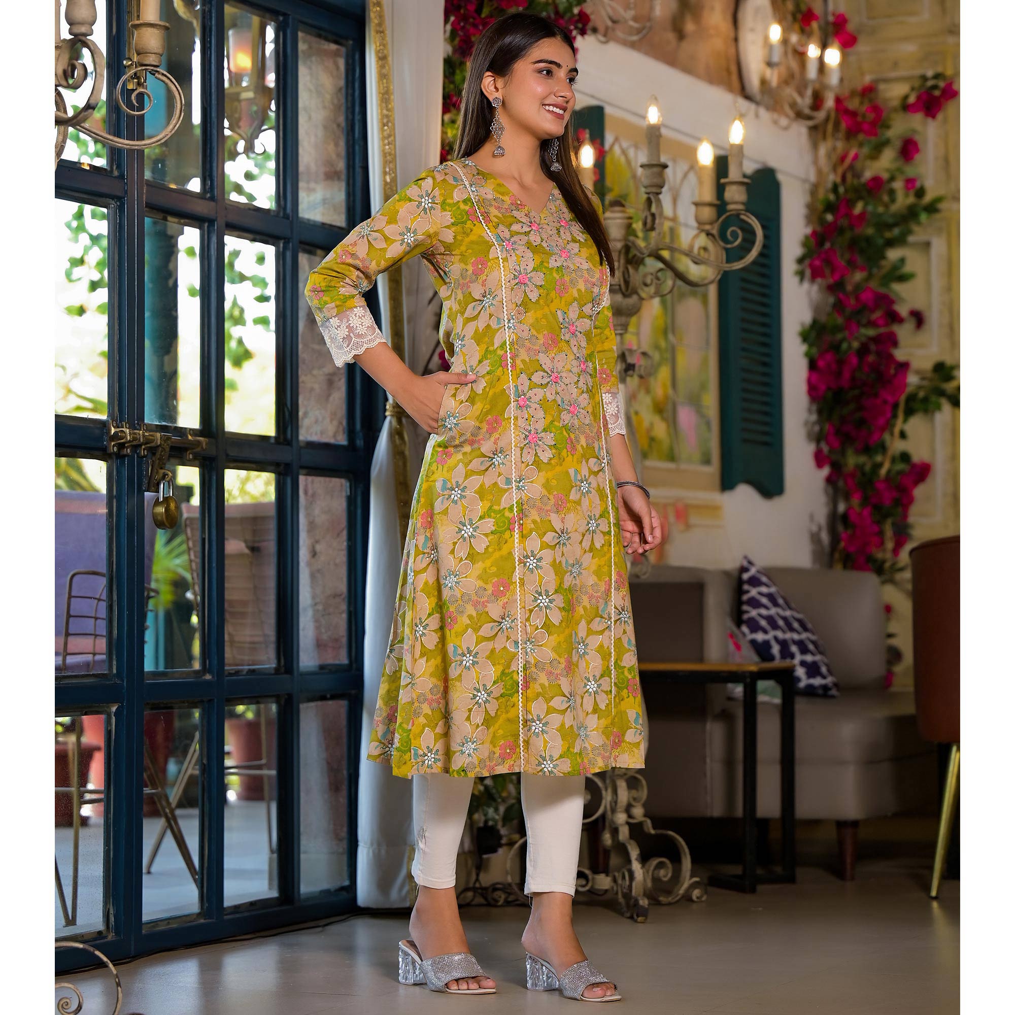 Dark Lemon Green Floral Printed Giza Cotton Maxi Dress