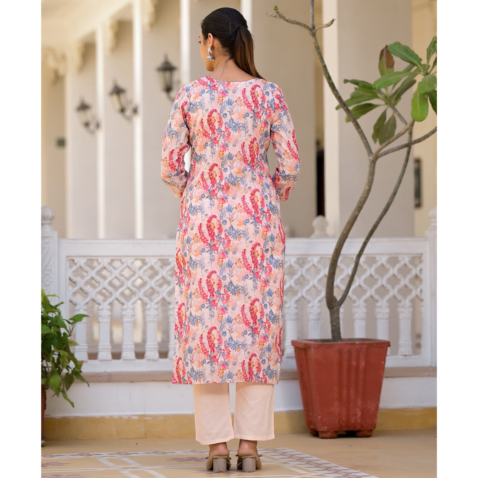 Peach Floral Printed Mulmul Cotton Salwar Suit With Handcrafted