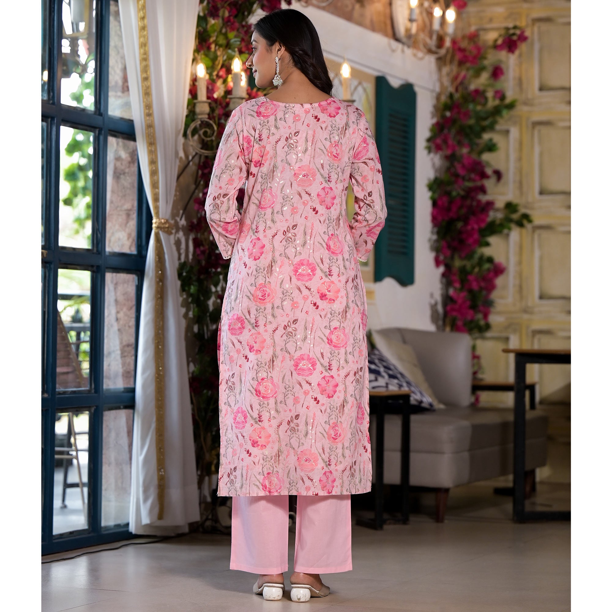 Pink Floral Printed Mulmul Cotton Straight Salwar Suit