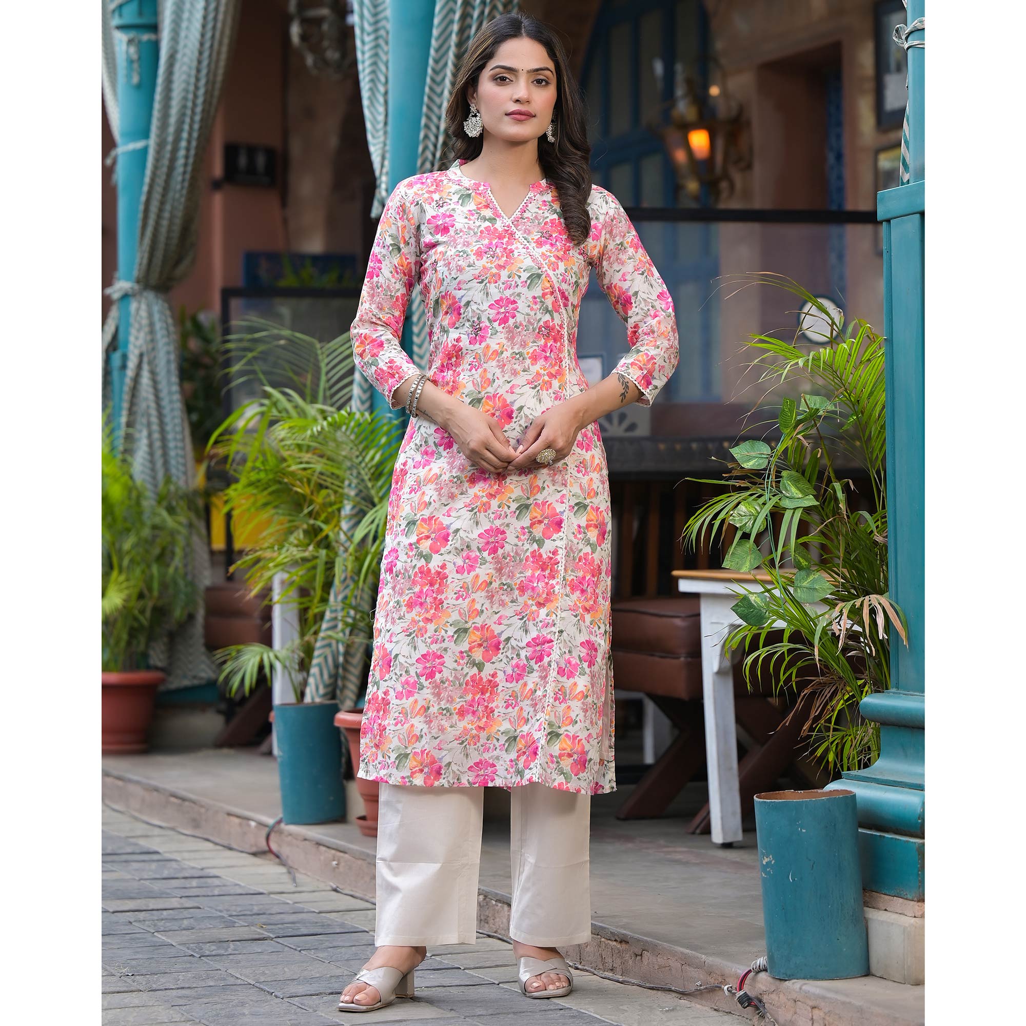 White & Pink Floral Angrakha Style Pure Cotton Suit With Foil Print