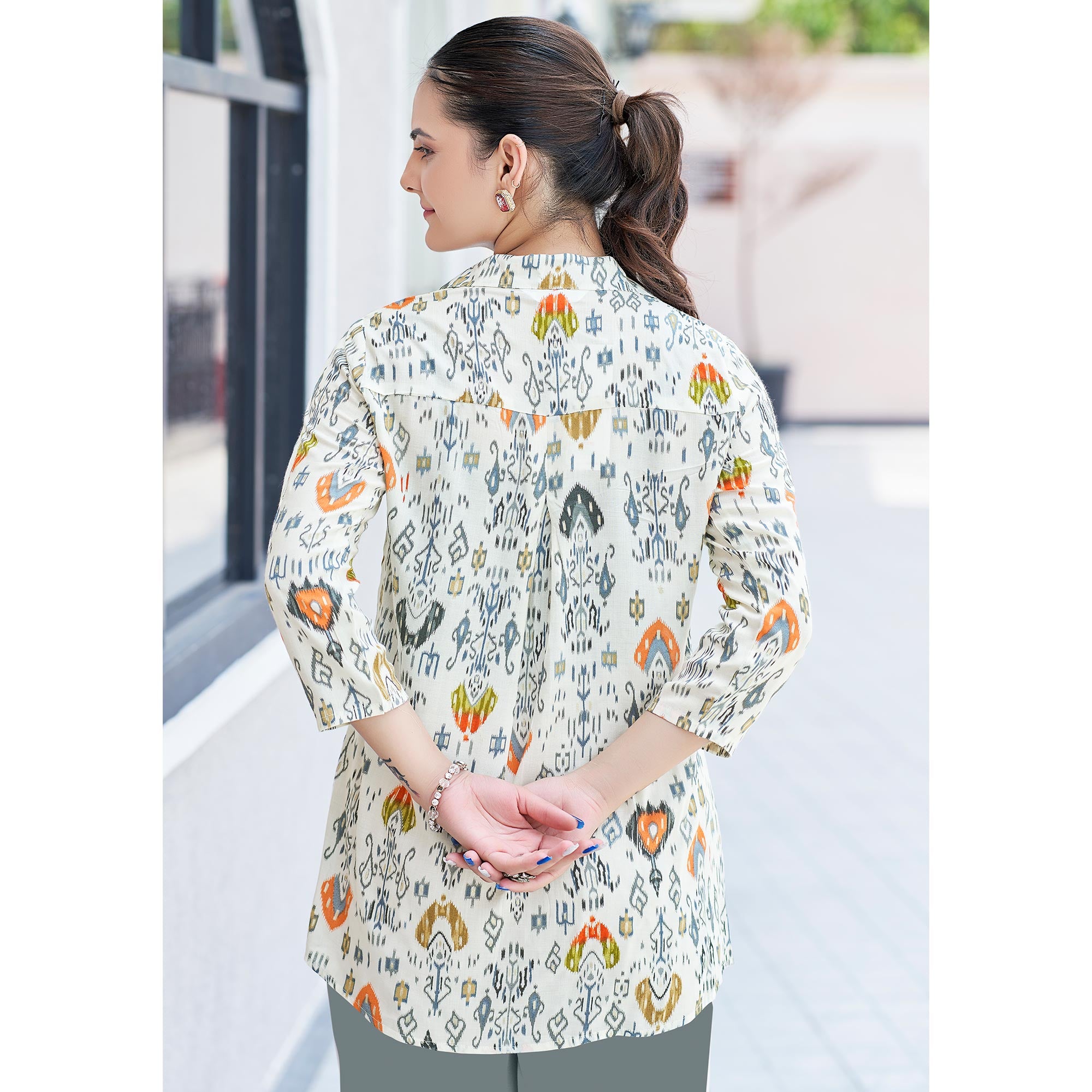 White & Orange Printed Chanderi Silk Top