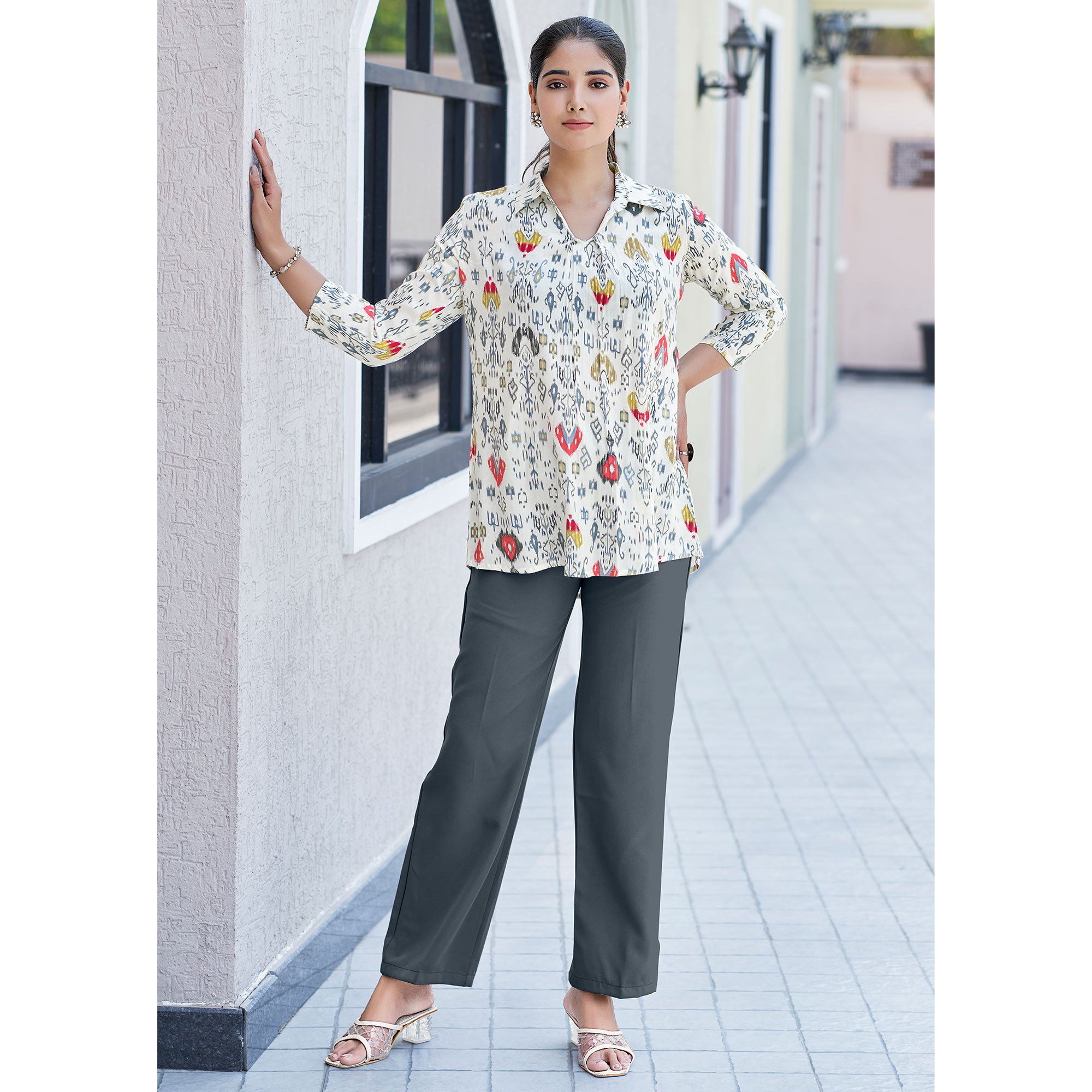 White & Red Printed Chanderi Silk A-Line Top