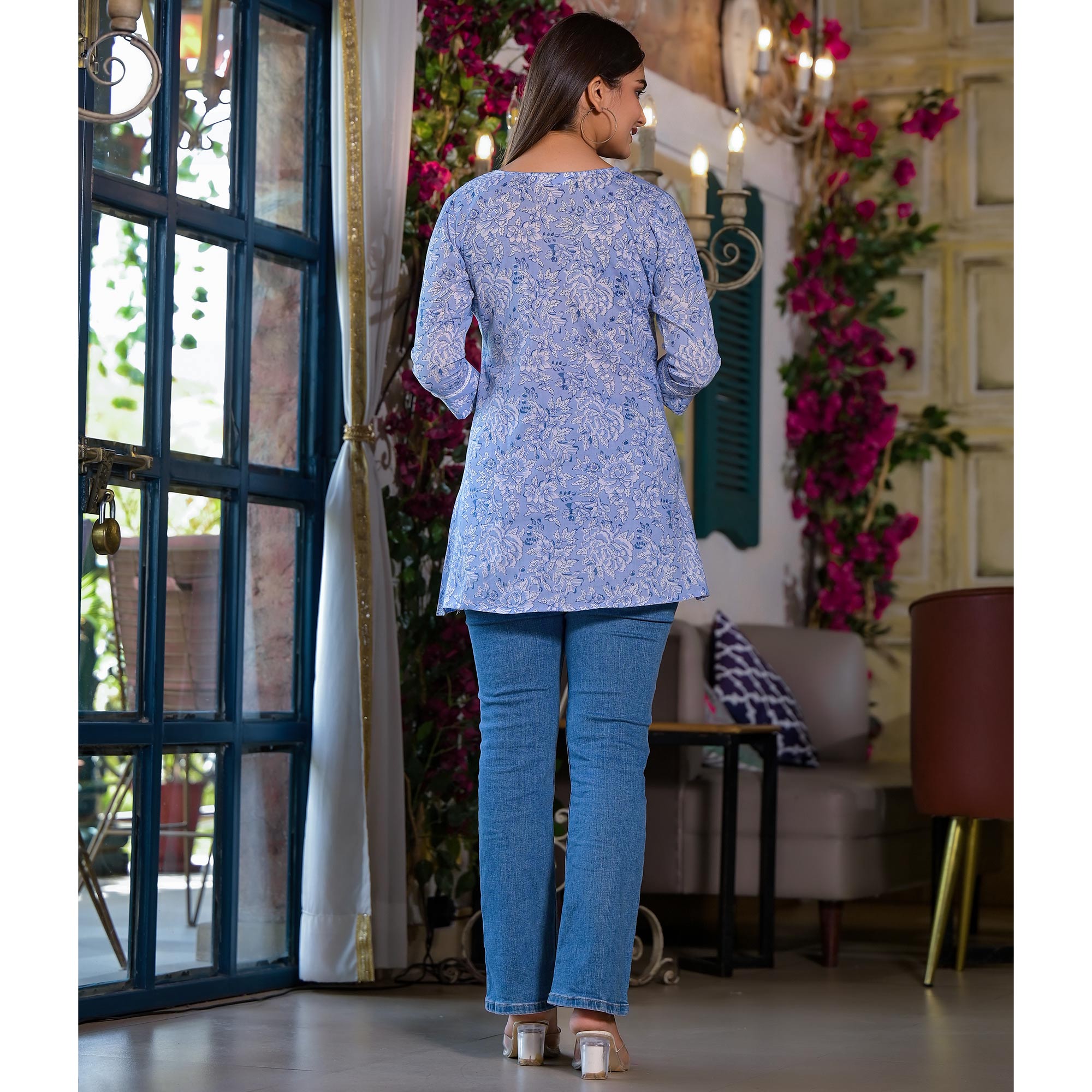 Blue Floral Printed Pure Cotton A-Line Top
