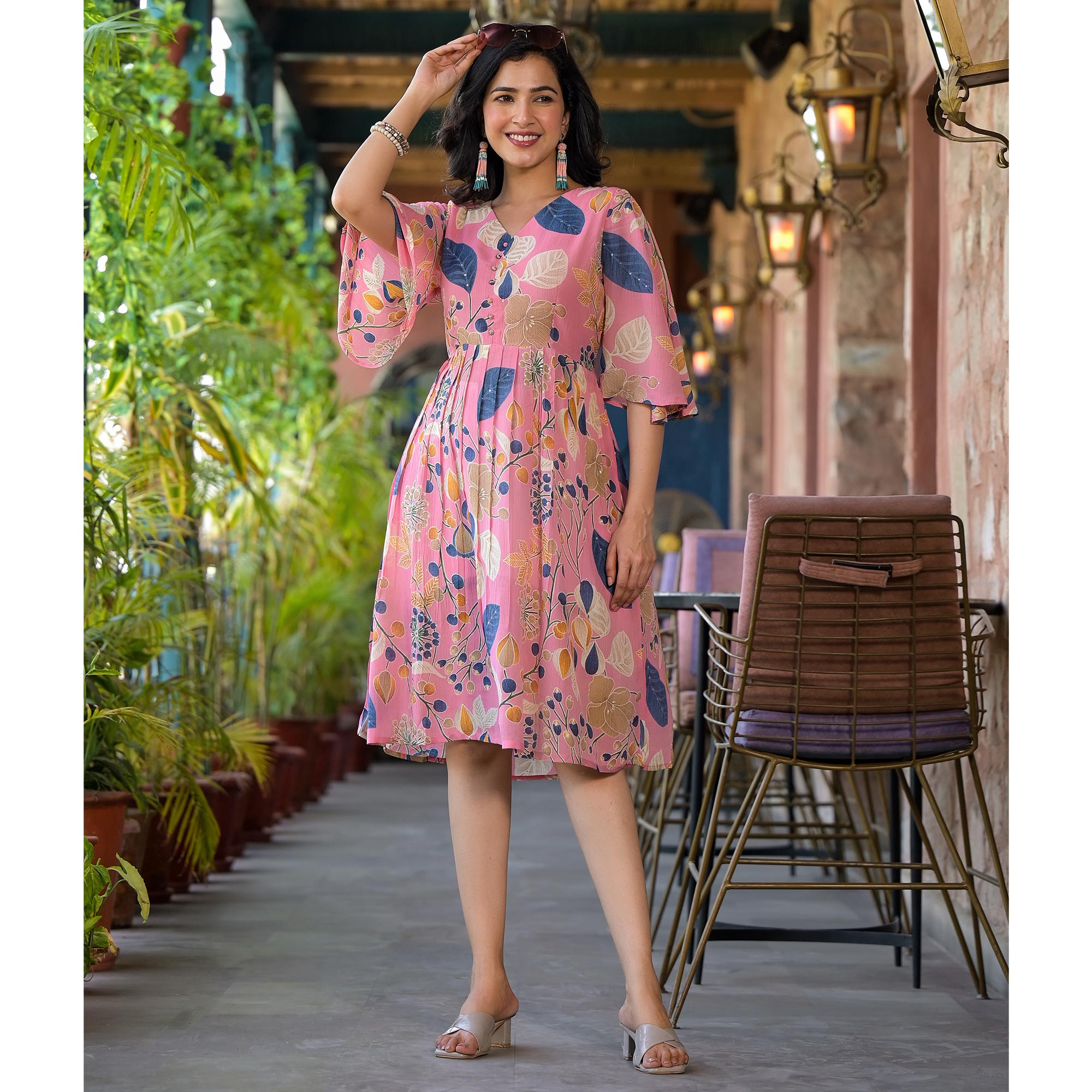 Pink Floral Foil Printed Chiffon A-Line Dress