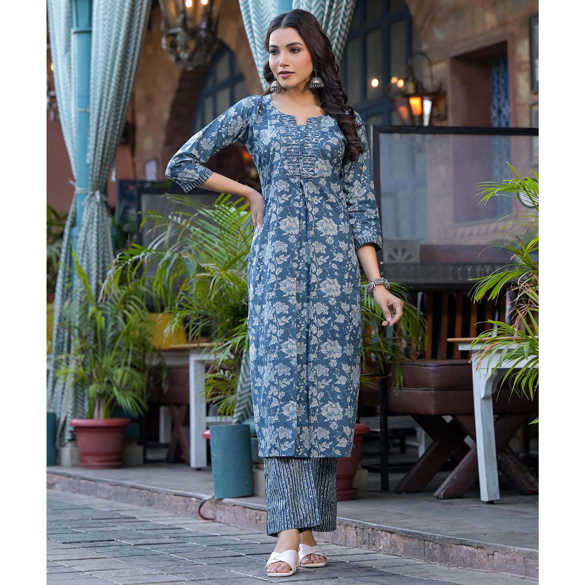 Blue Floral Printed With Katha Work Pure Cotton Straight Salwar Suit
