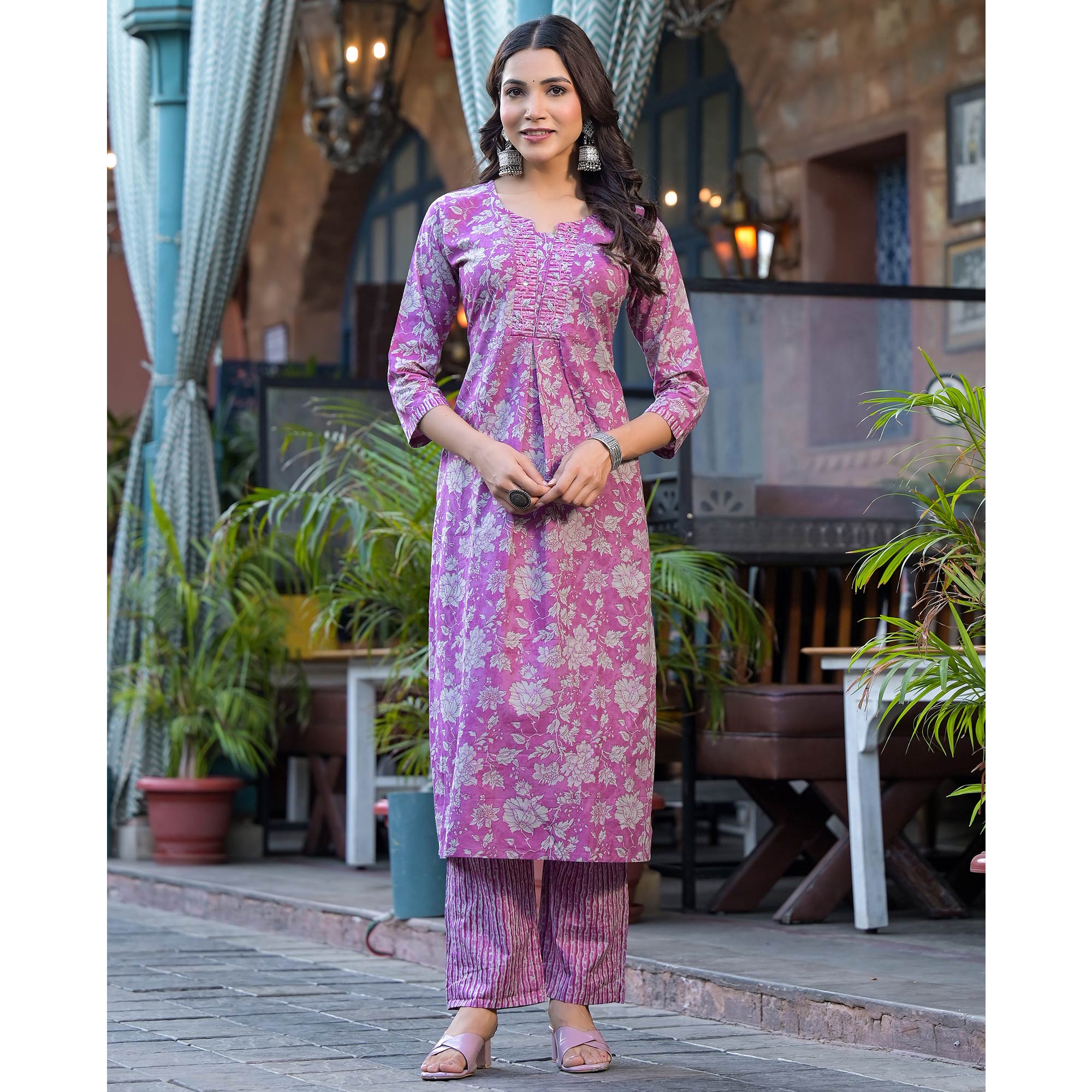 Purple Floral Printed With Katha Work Pure Cotton Straight Salwar Suit