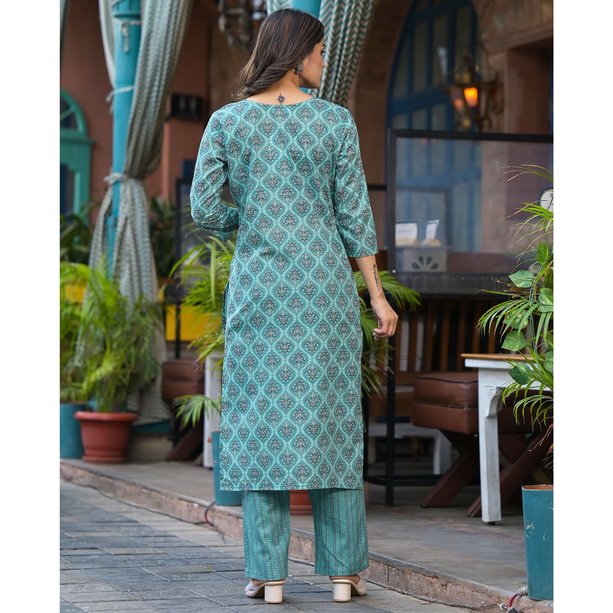 Sea Green Floral Printed Pure Cotton Kurti Set