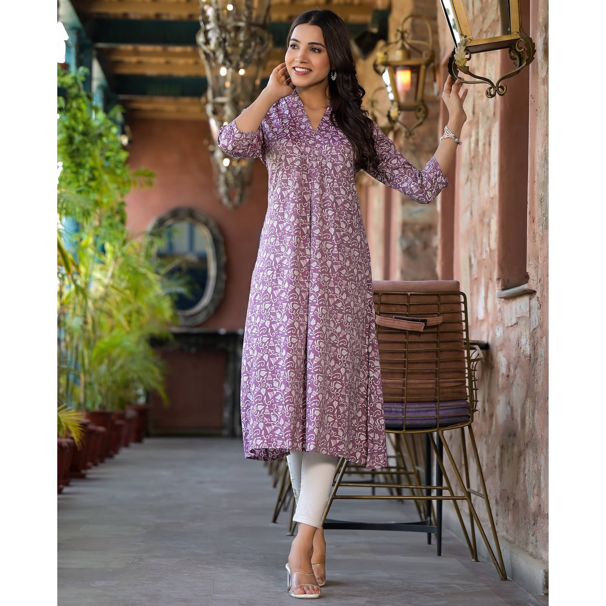 Purple Floral Printed Rayon A-line Kurti