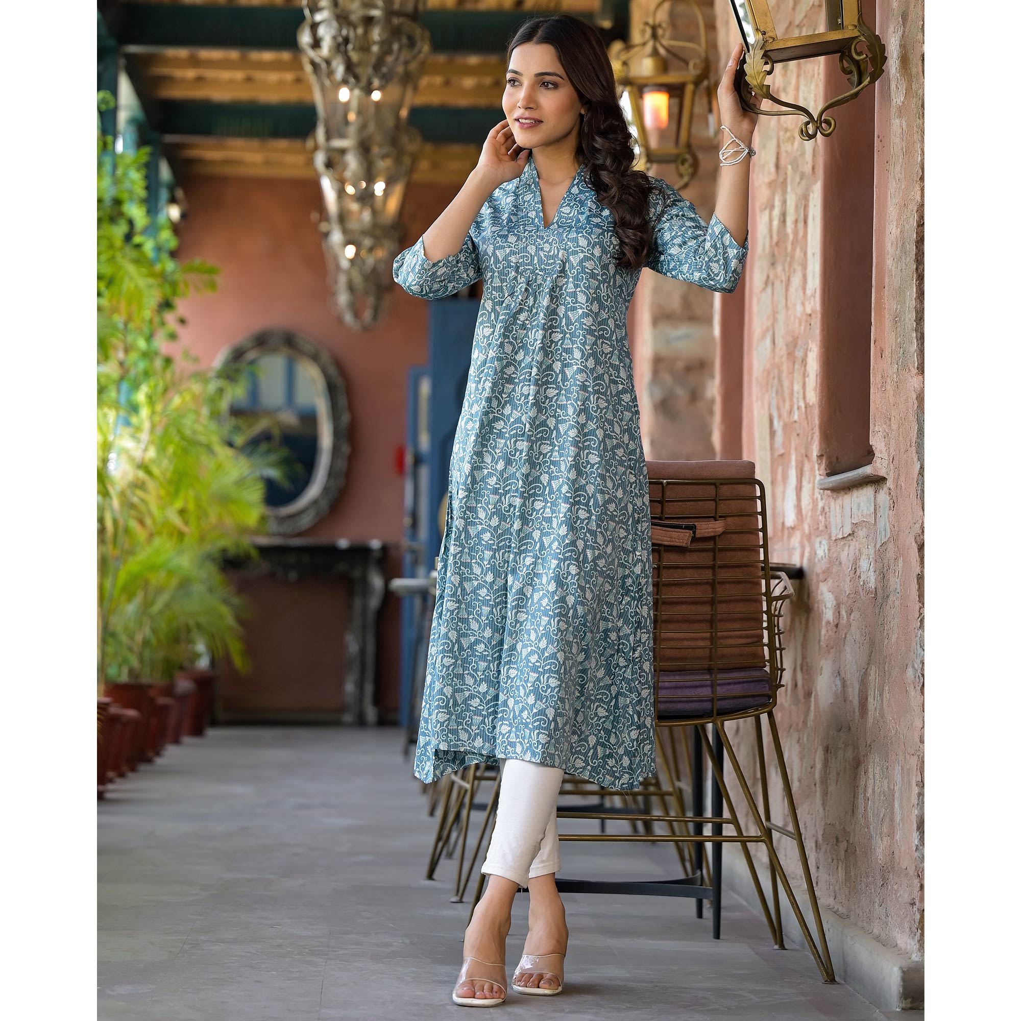 Turquoise Floral Printed Rayon A-line Kurti