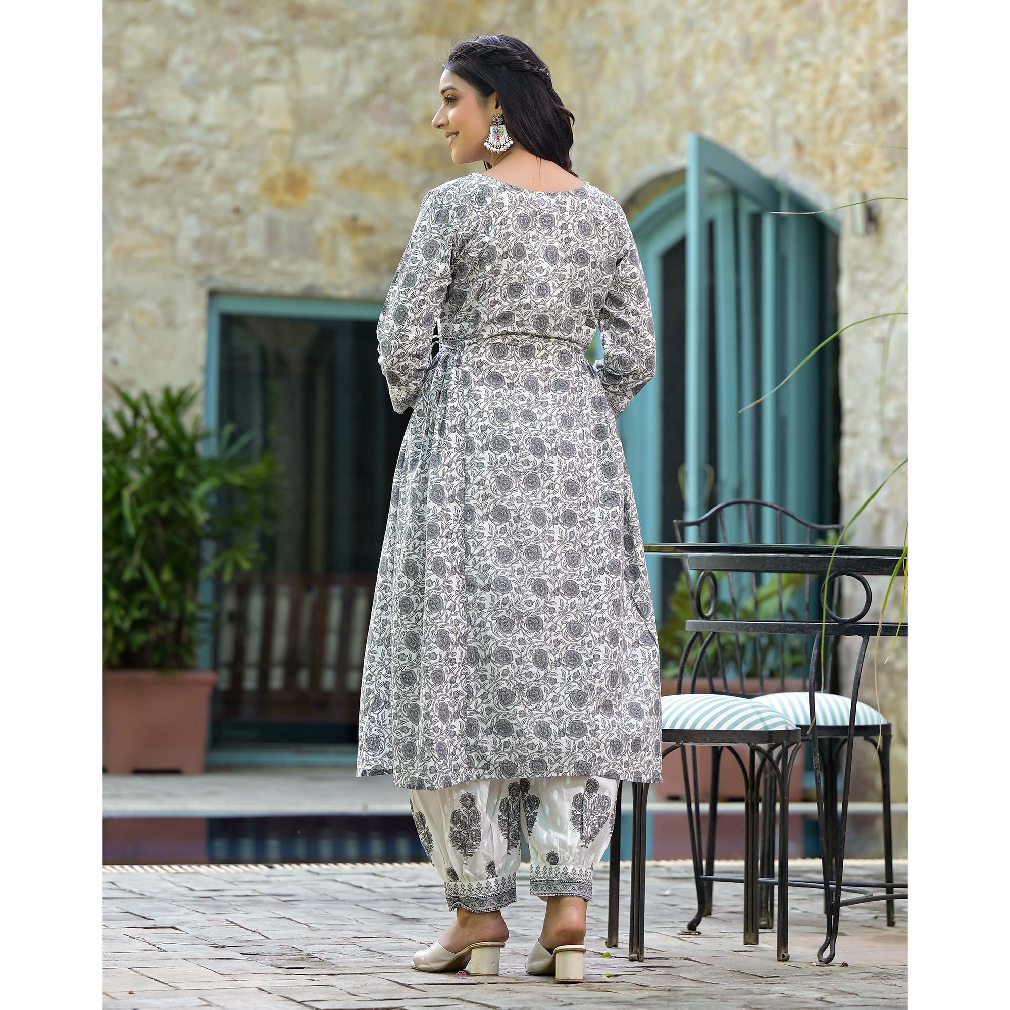 White Floral Printed Pure Cotton Salwar Suit With Beads Work