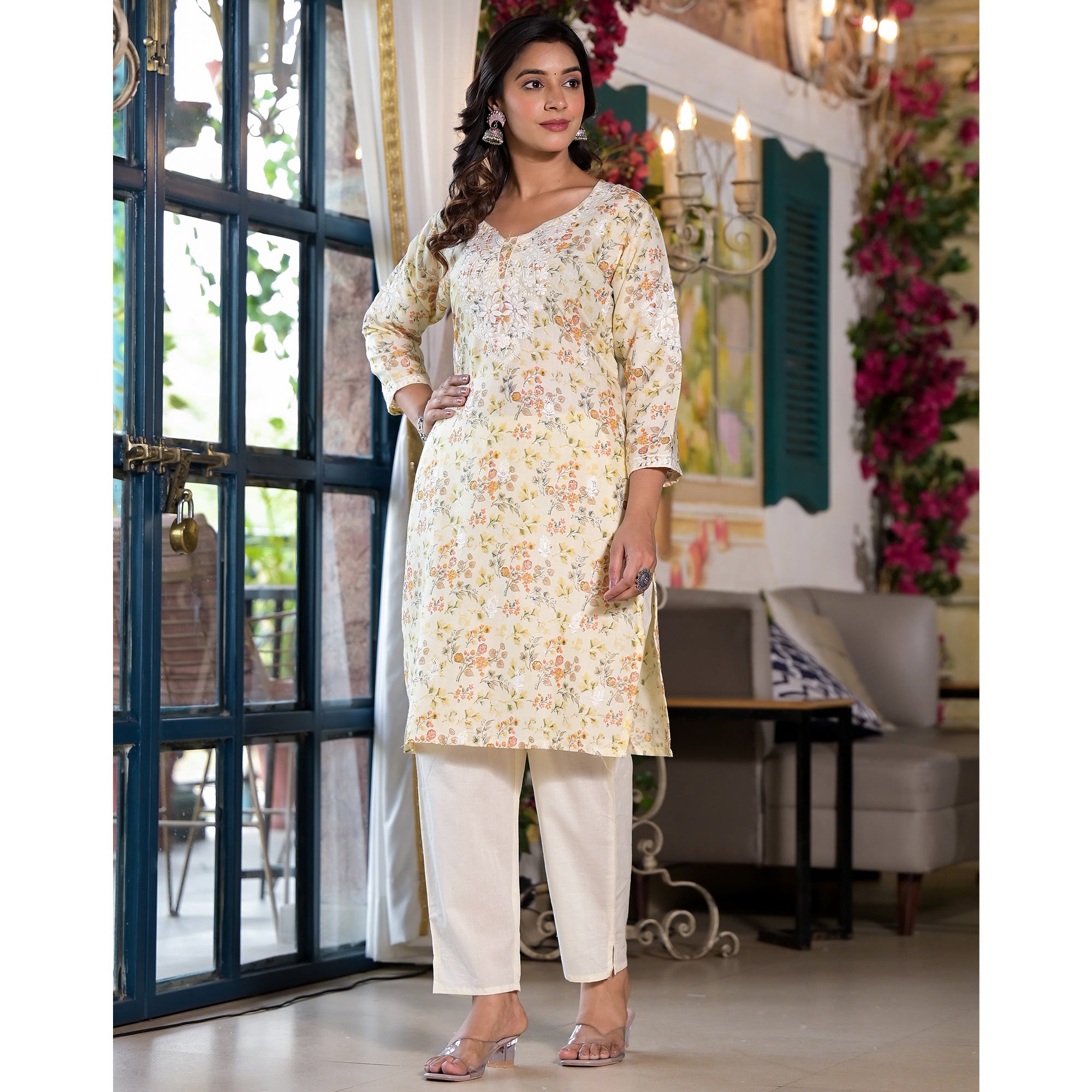 Yellow & Orange Embroidered Rayon Straight Kurti
