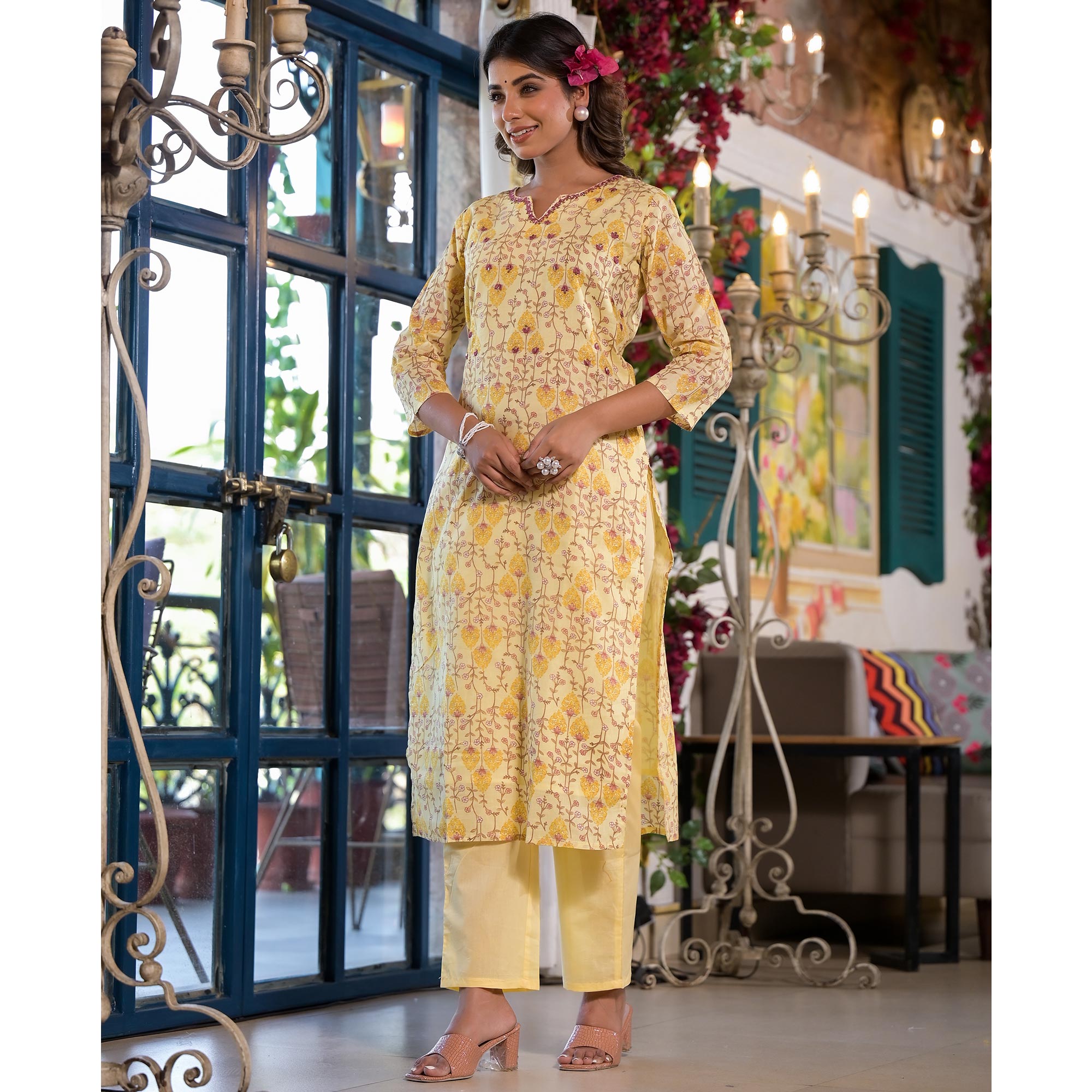 Yellow Floral Printed Mulmul Cotton Straight Salwar Suit