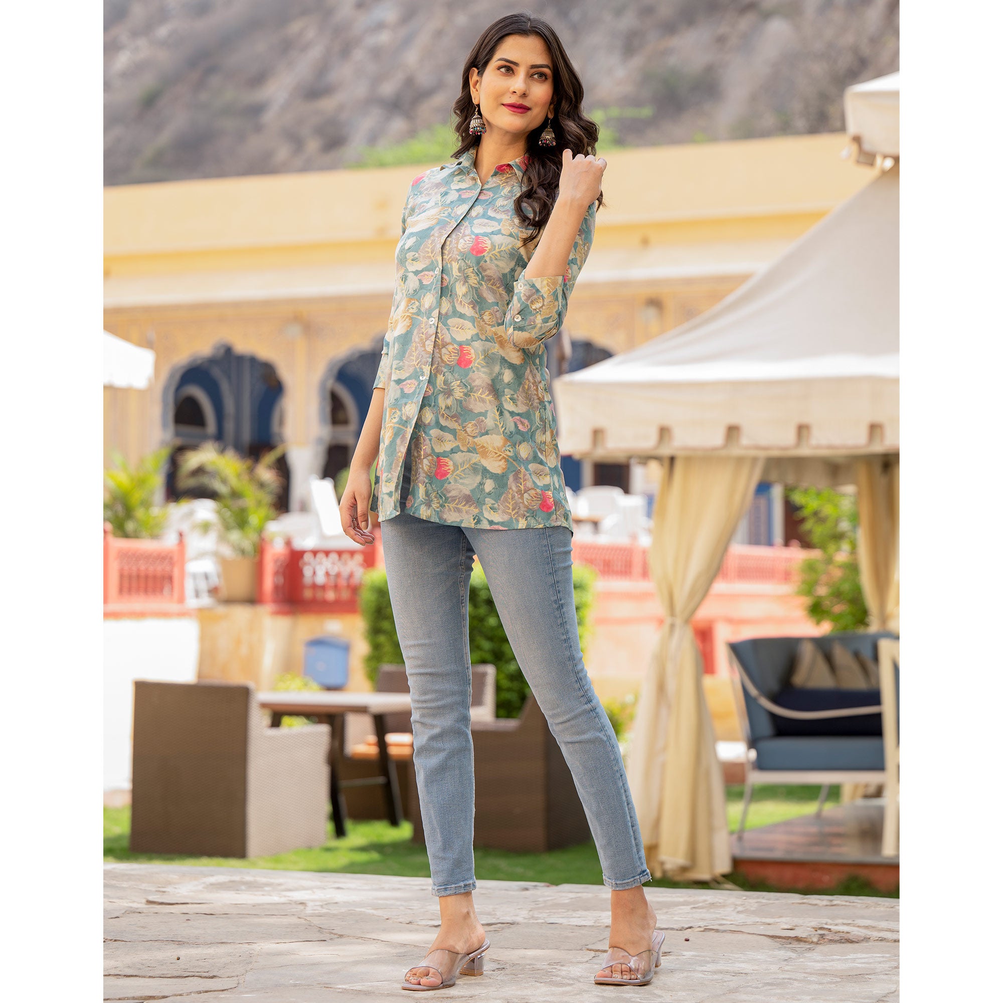 Blue Floral Printed Rayon Top