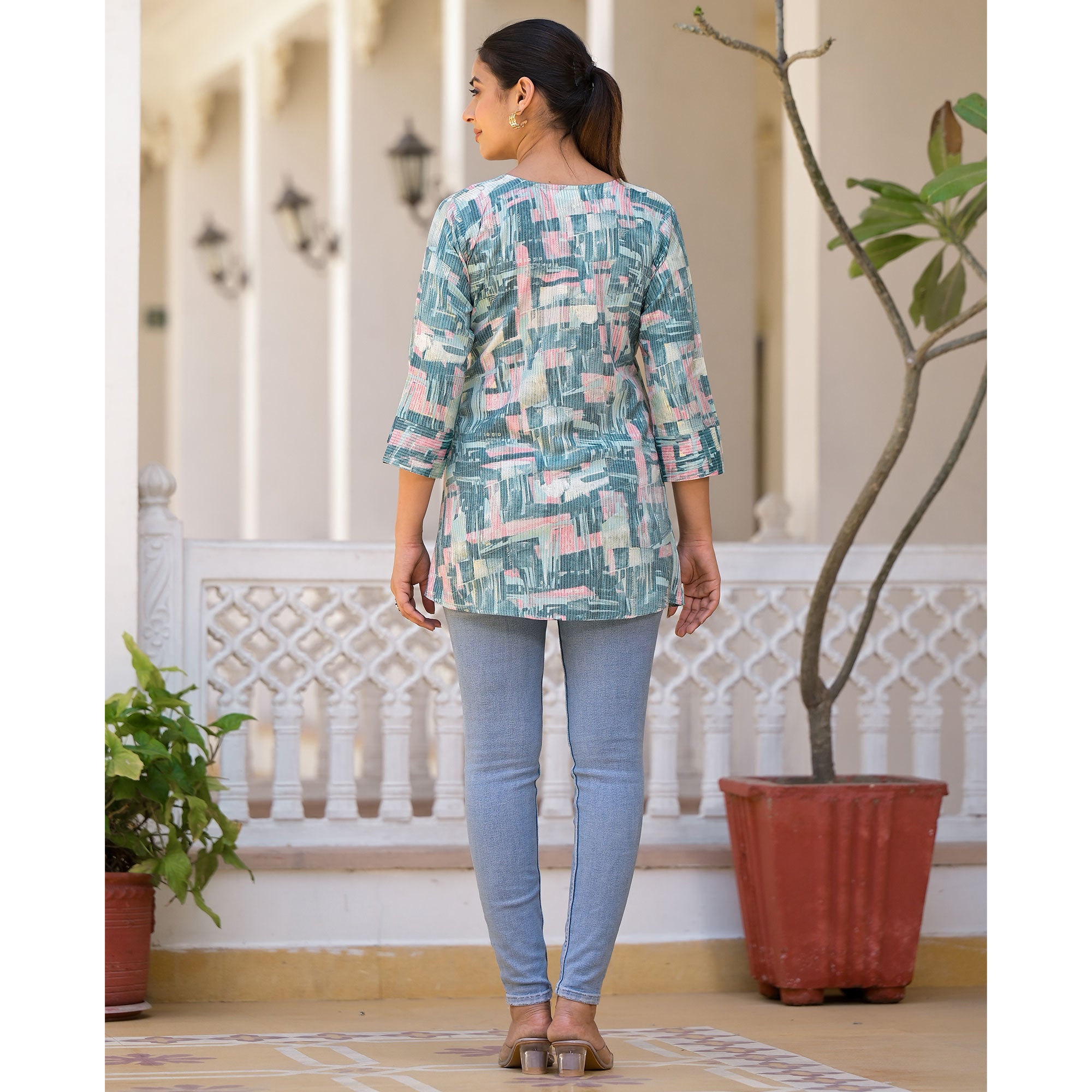 Blue Printed Rayon A-Line Top