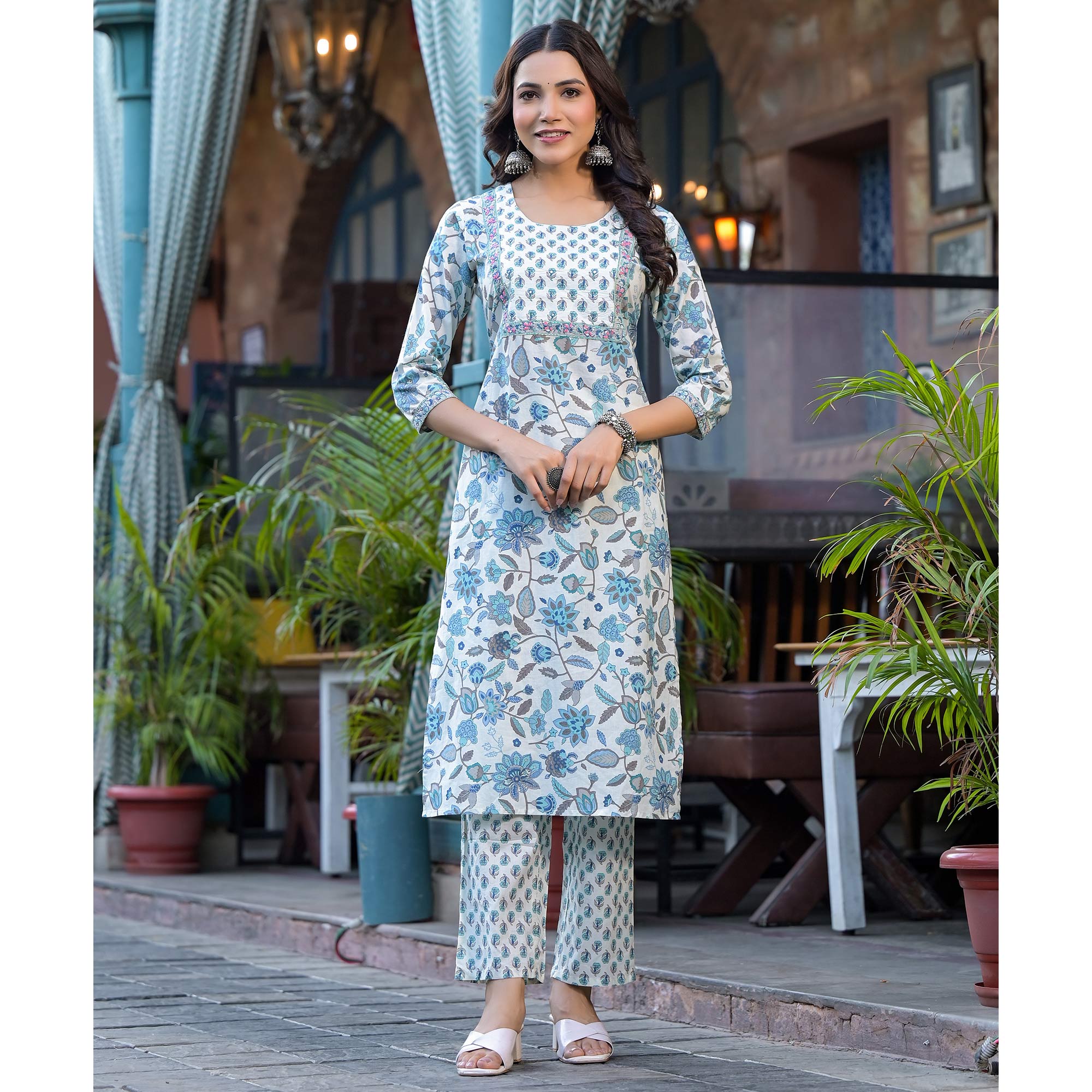 White & Blue Floral Printed Pure Cotton Salwar Suit