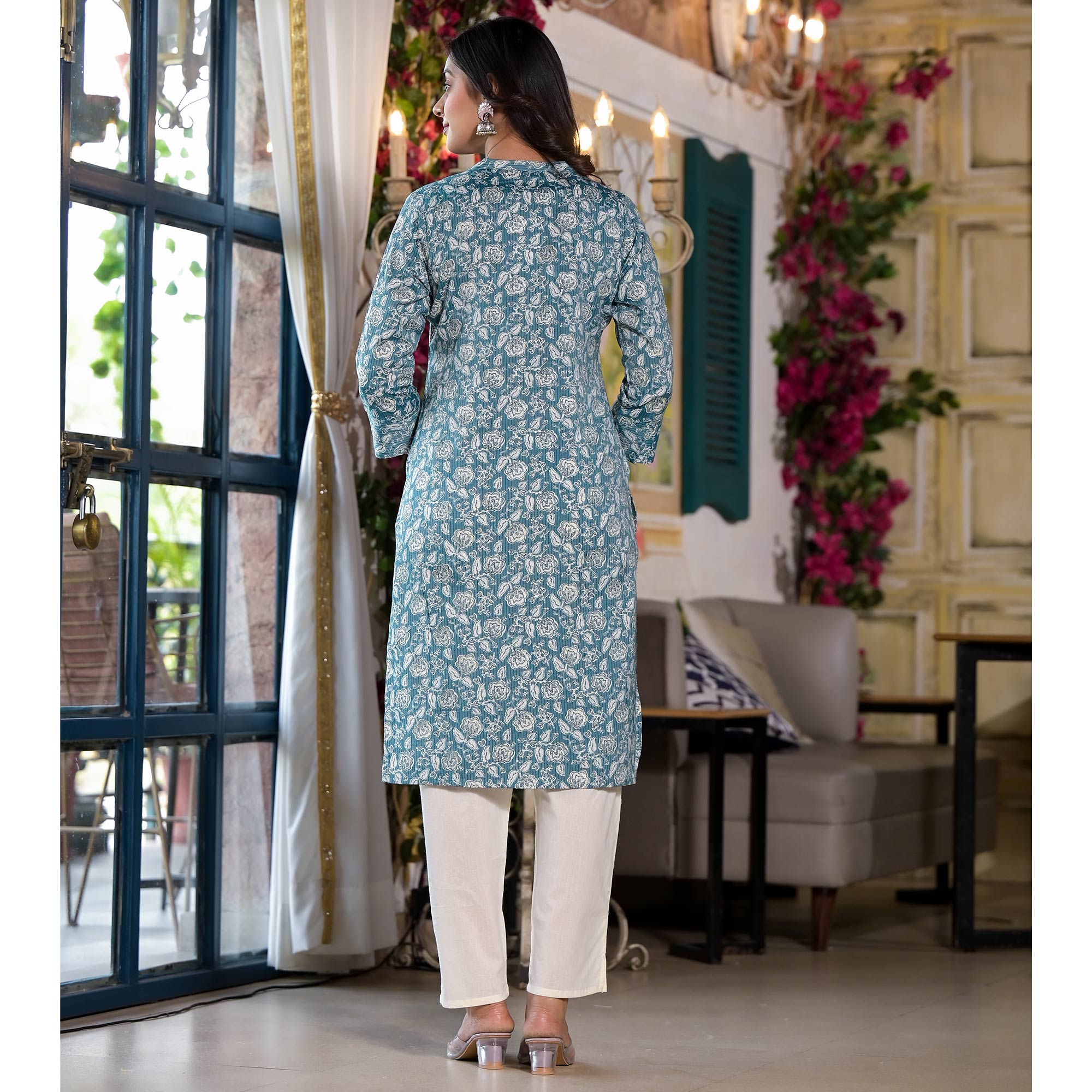 Pine Green Floral Printed Rayon Straight Kurti