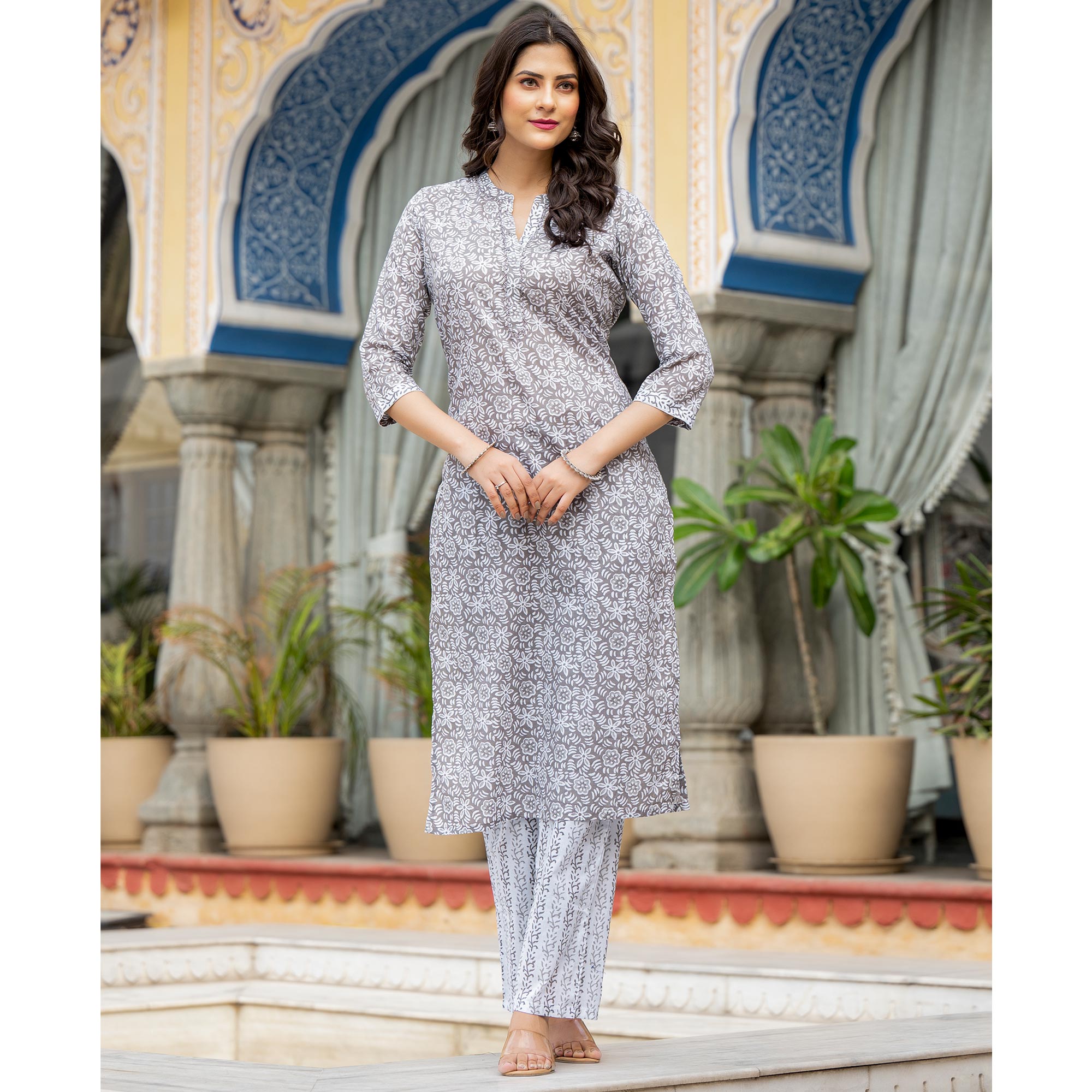 Grey Floral Printed Pure Cotton Salwar Suit