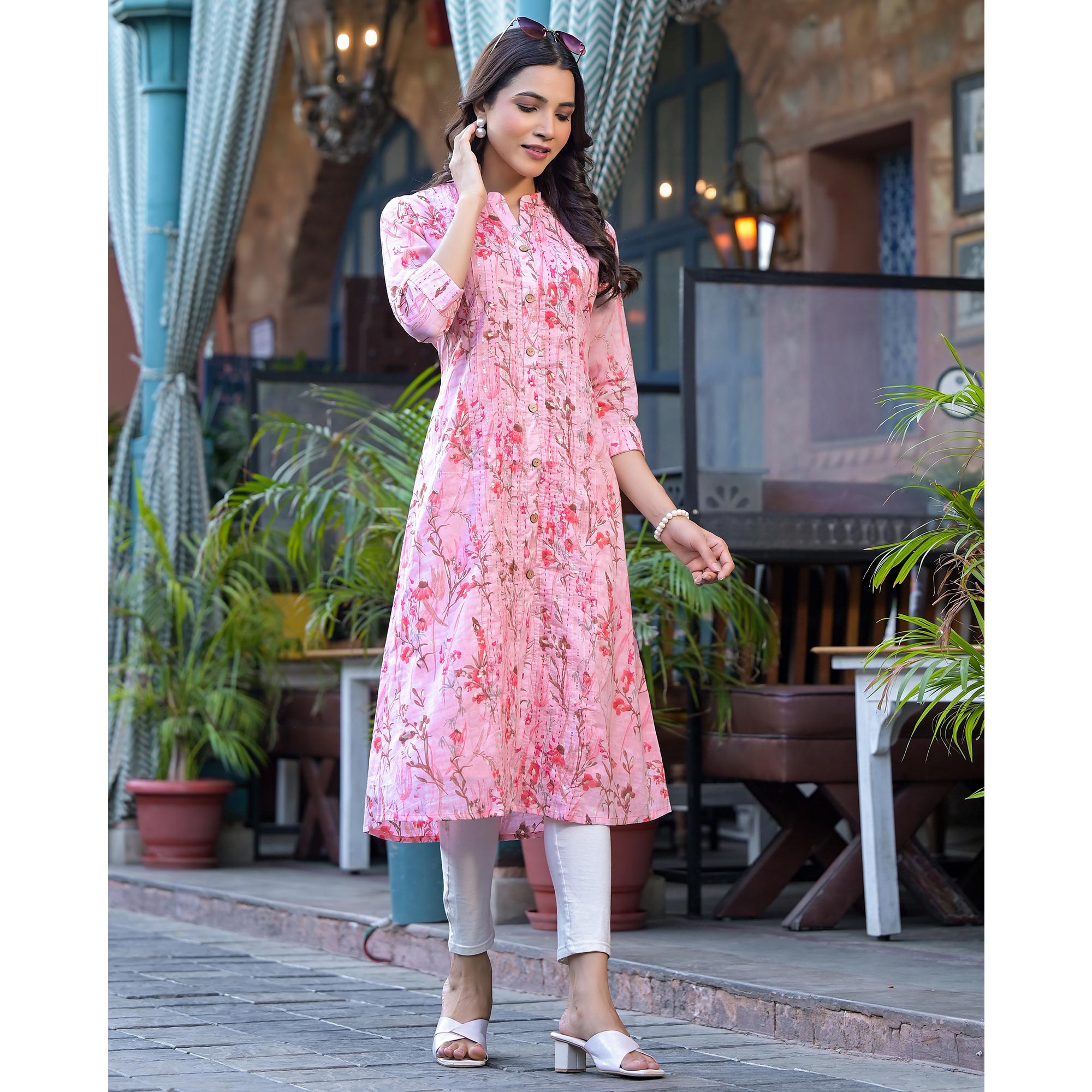 Peach Floral Foil Printed Pure Cotton Front Slit Kurti