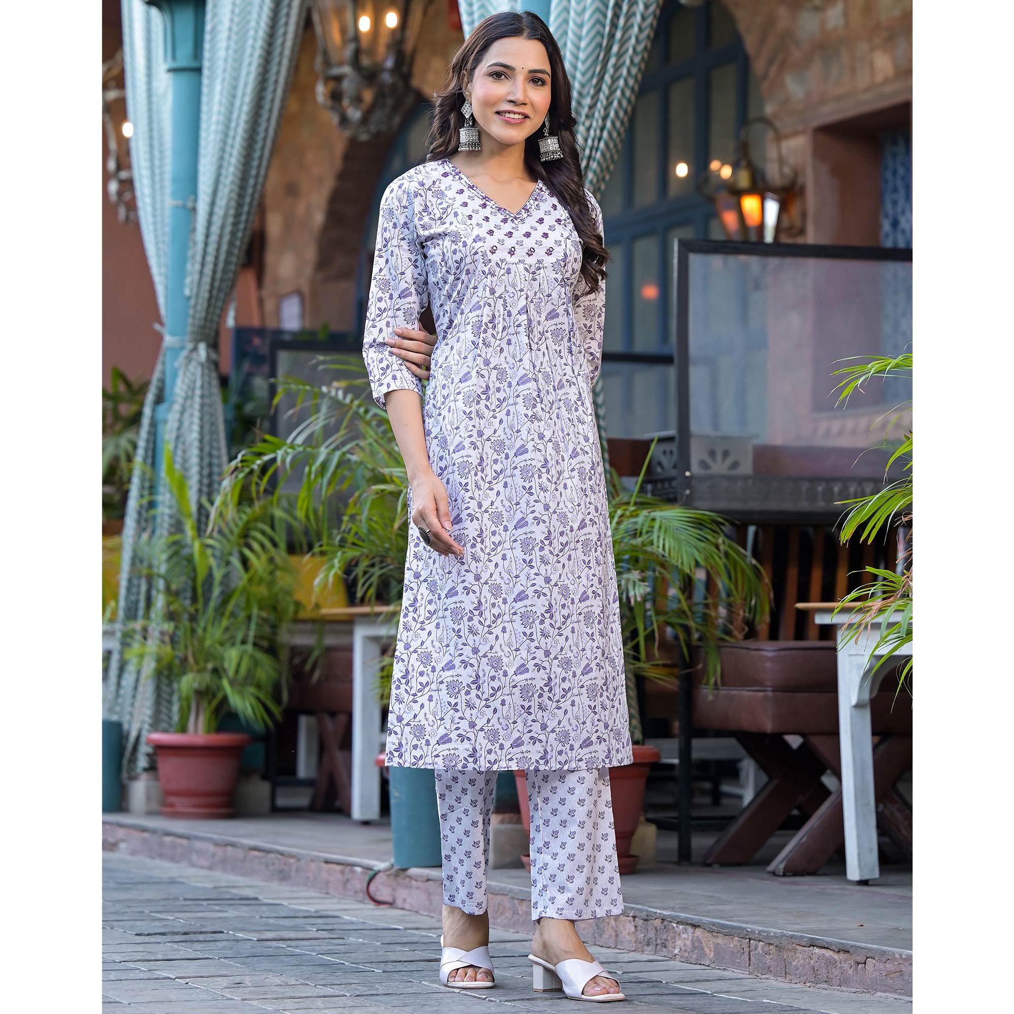White Floral Printed Pure Cotton Straight Salwar Suit