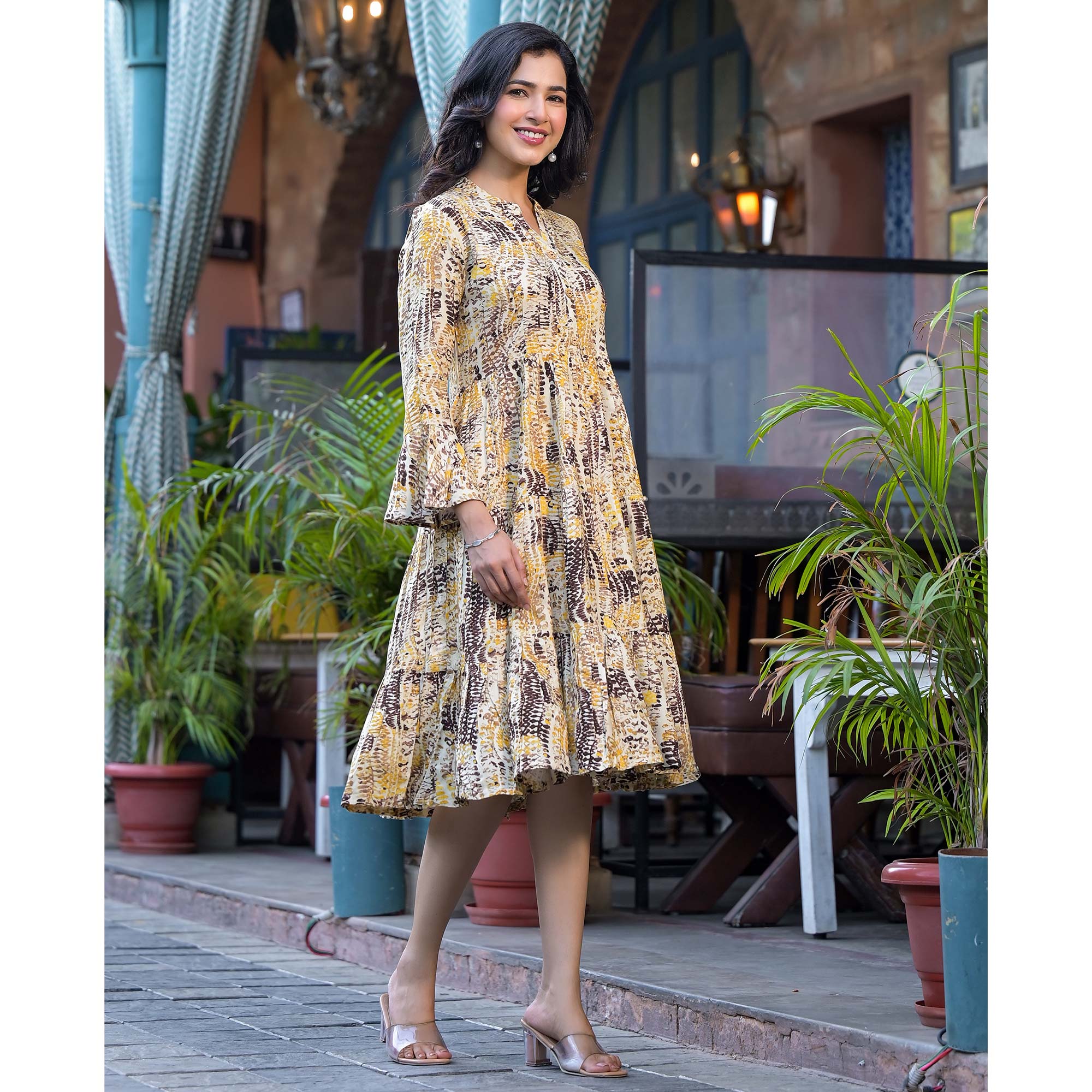 Yellow Printed Rayon Anarkali Dress