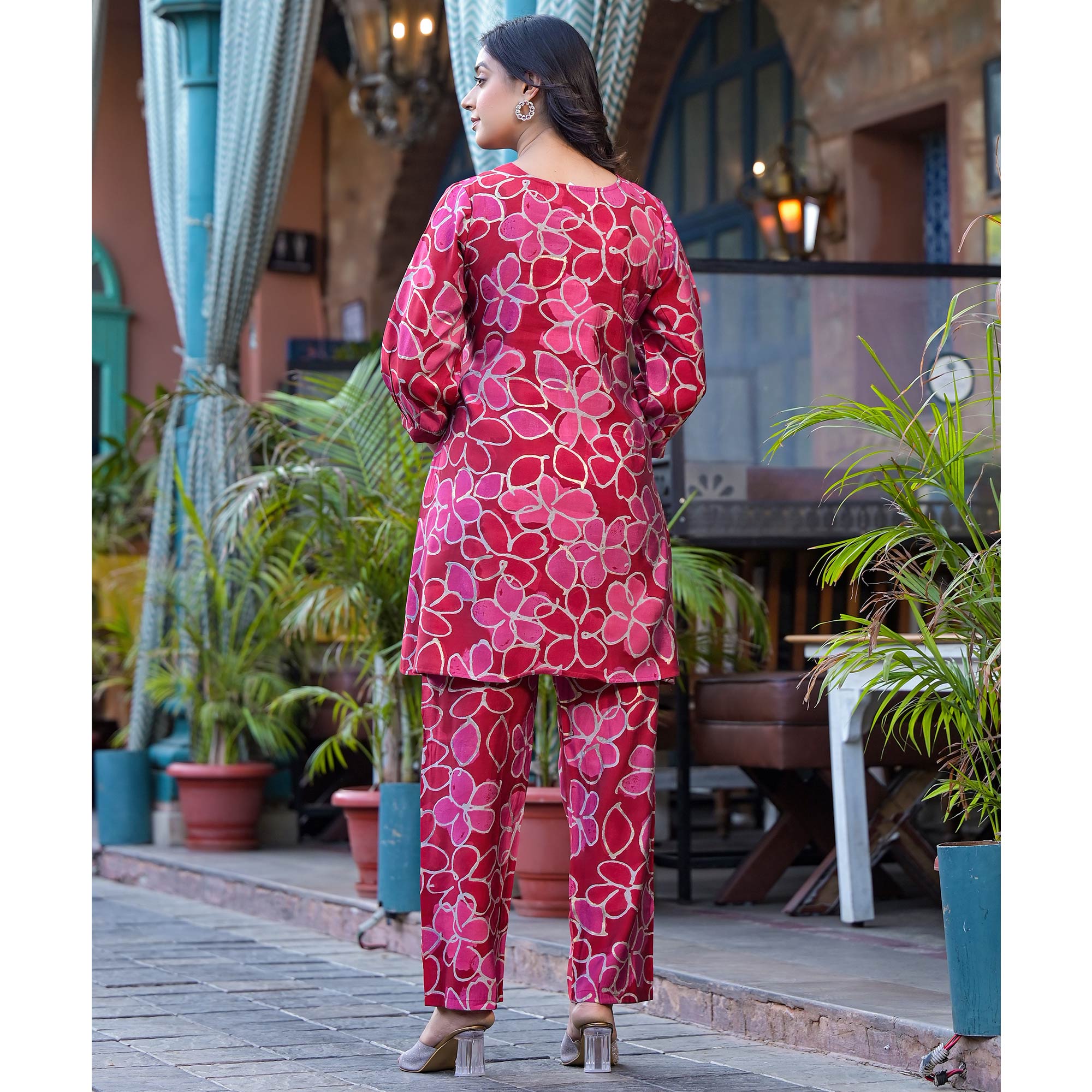 Red Floral Printed Chanderi Silk Co-Ord Set
