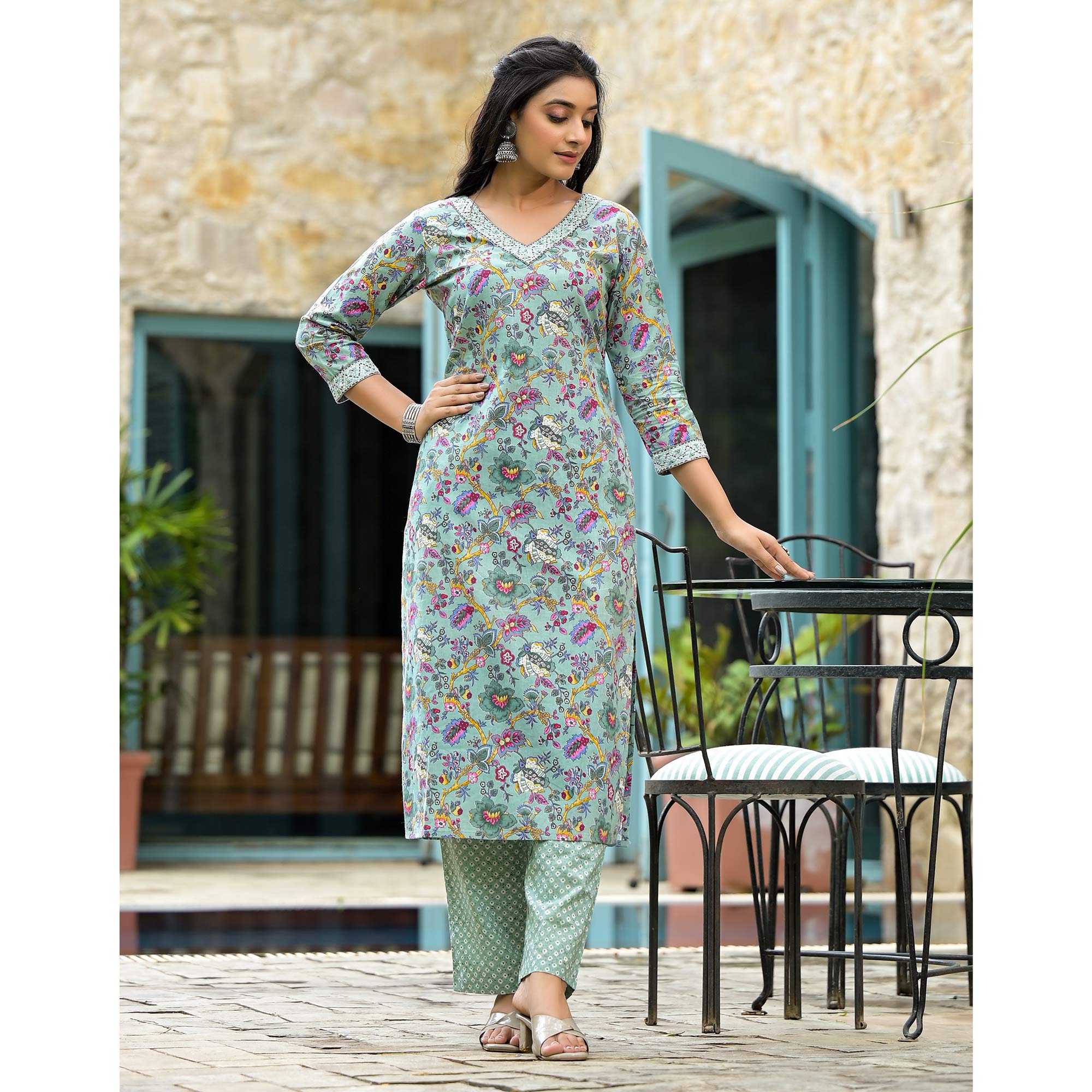 Sea Green Floral Printed With Embroidery Pure Cotton Straight Salwar Suit
